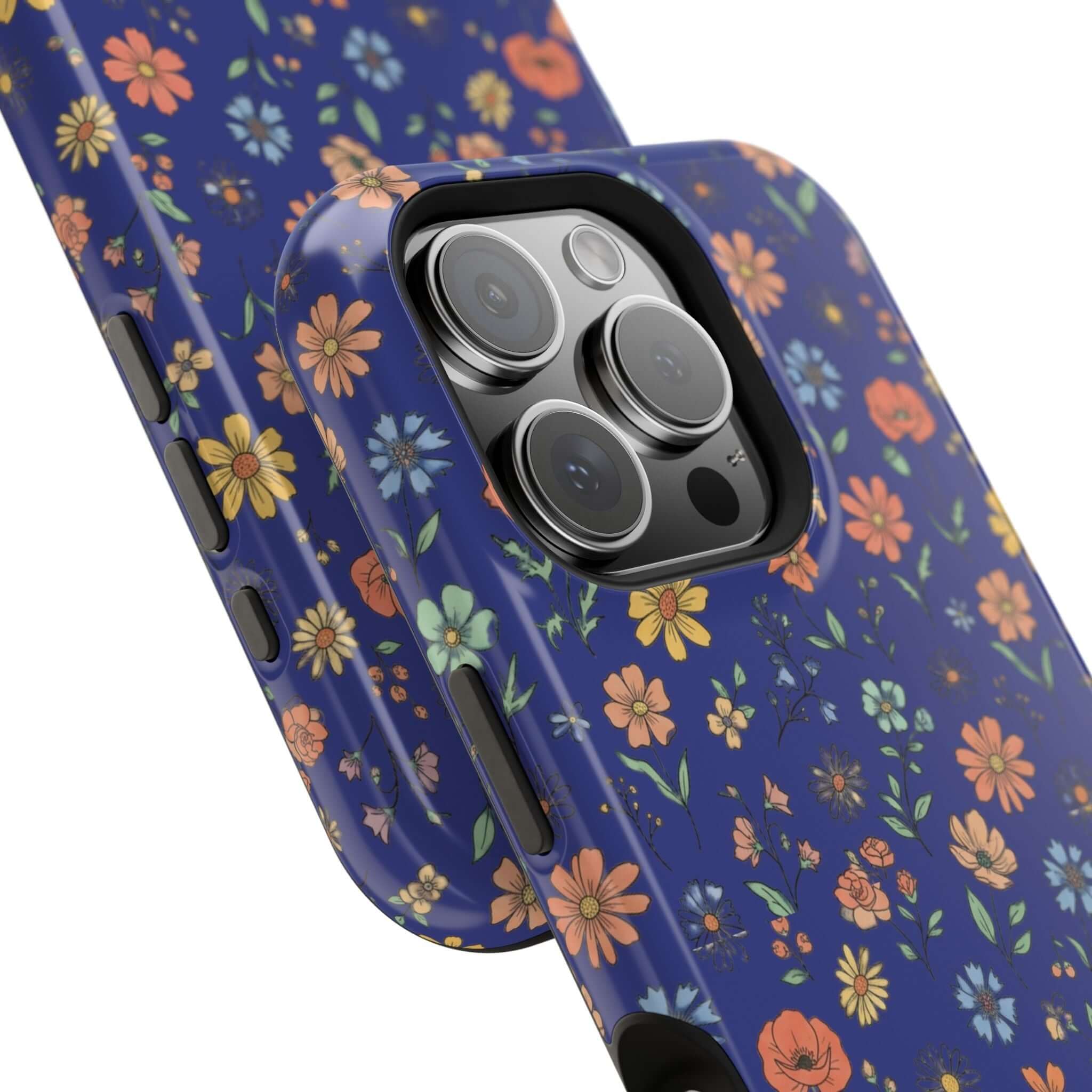 Accessories: floral design cell phone case with vibrant colors on a navy background.