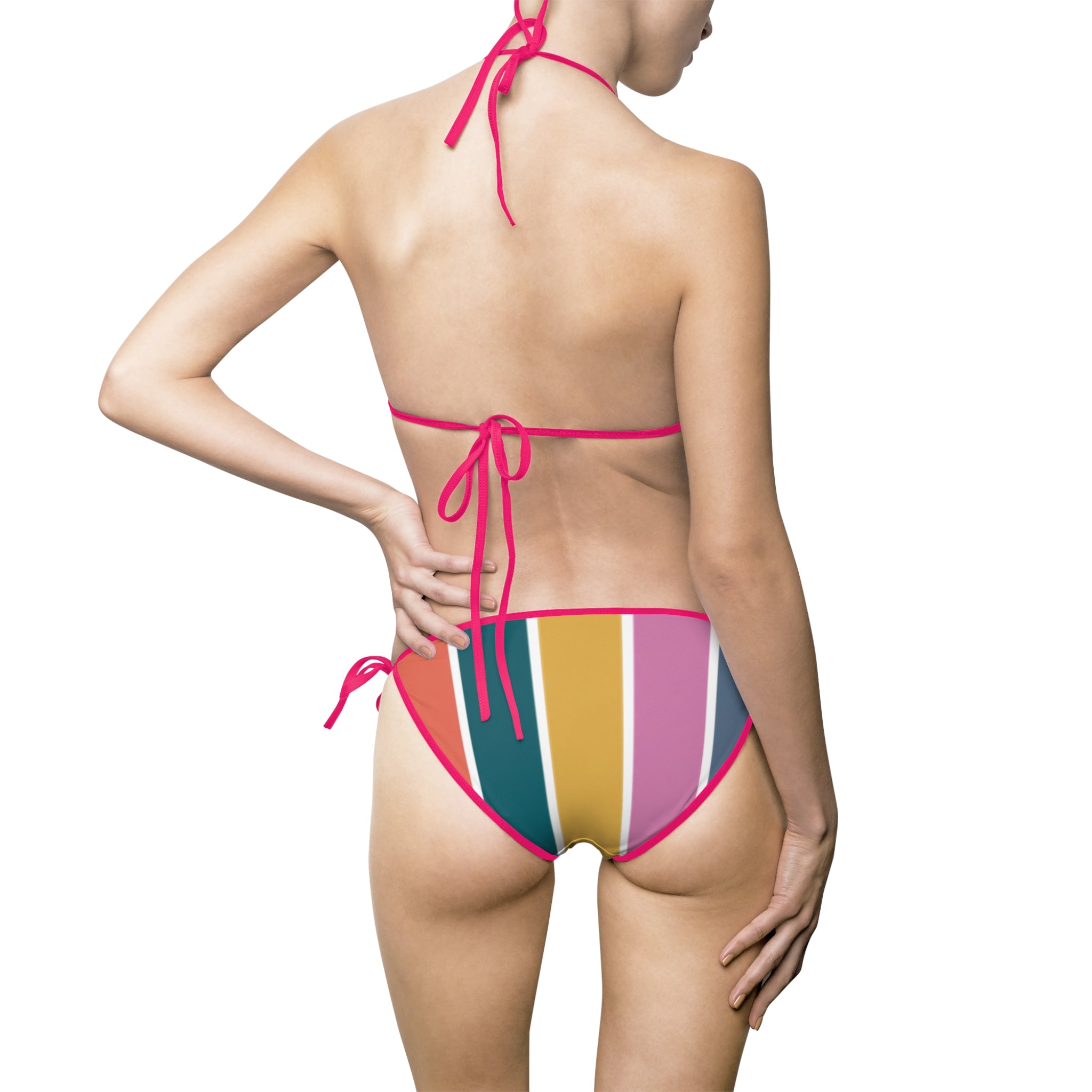 Striped Retro Colorblock Bikini — Women's Tie-Side Triangle Swimsuit