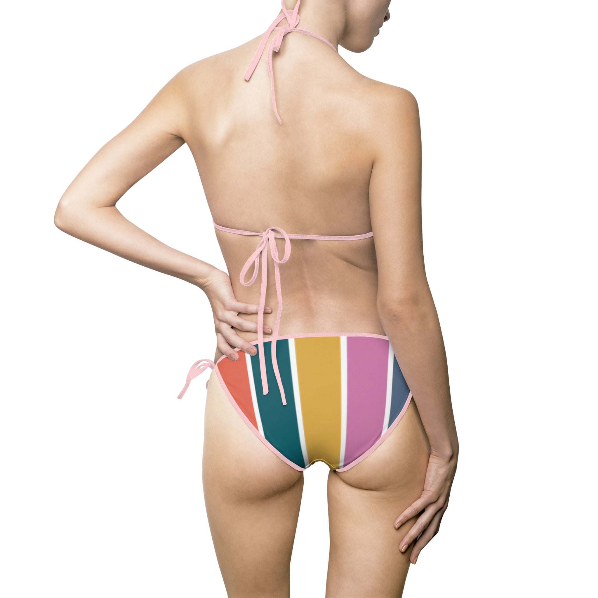 Striped Retro Colorblock Bikini — Women's Tie-Side Triangle Swimsuit