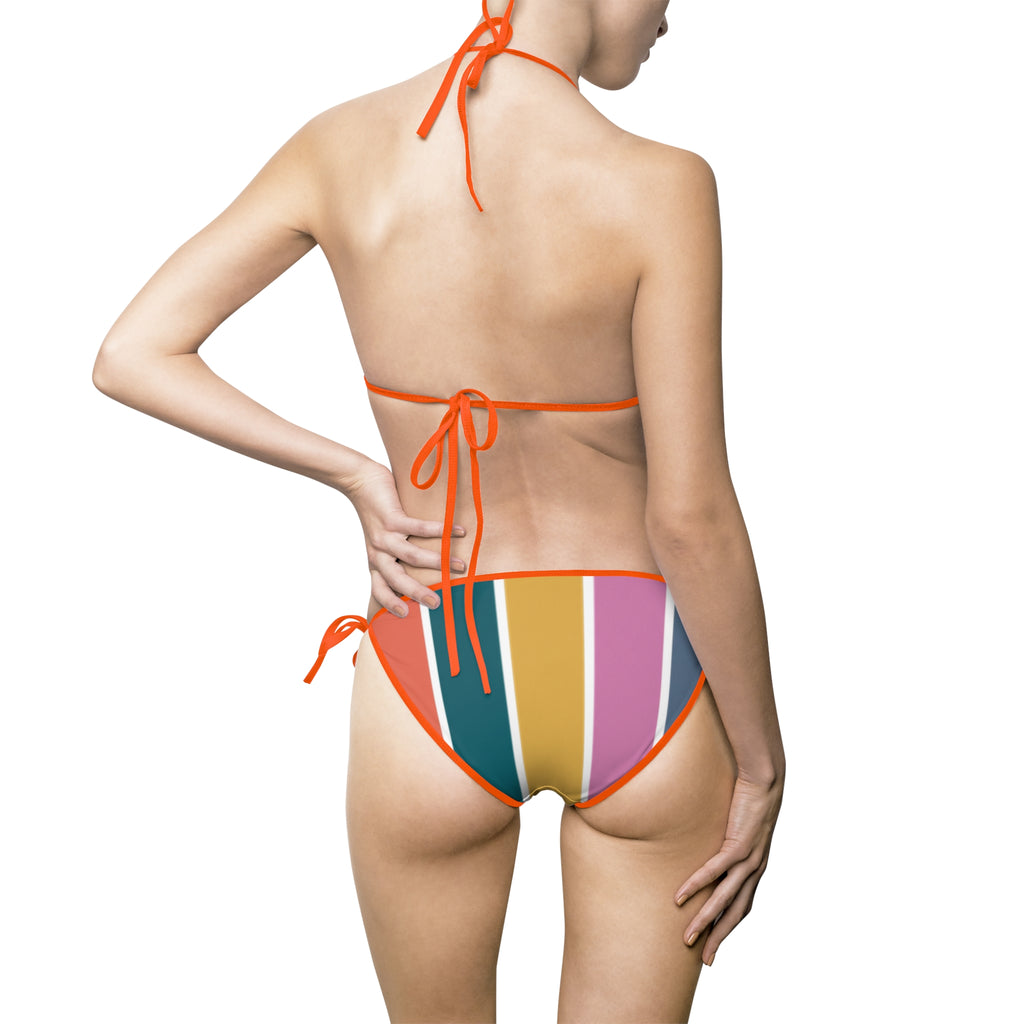 Striped Retro Colorblock Bikini — Women's Tie-Side Triangle Swimsuit