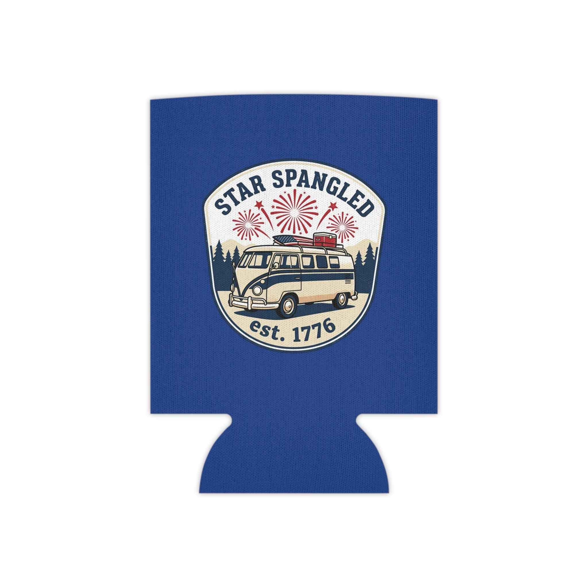 Star Spangled Van Can koozie featuring retro design for patriotic beer cooler, celebrating Americana charm.