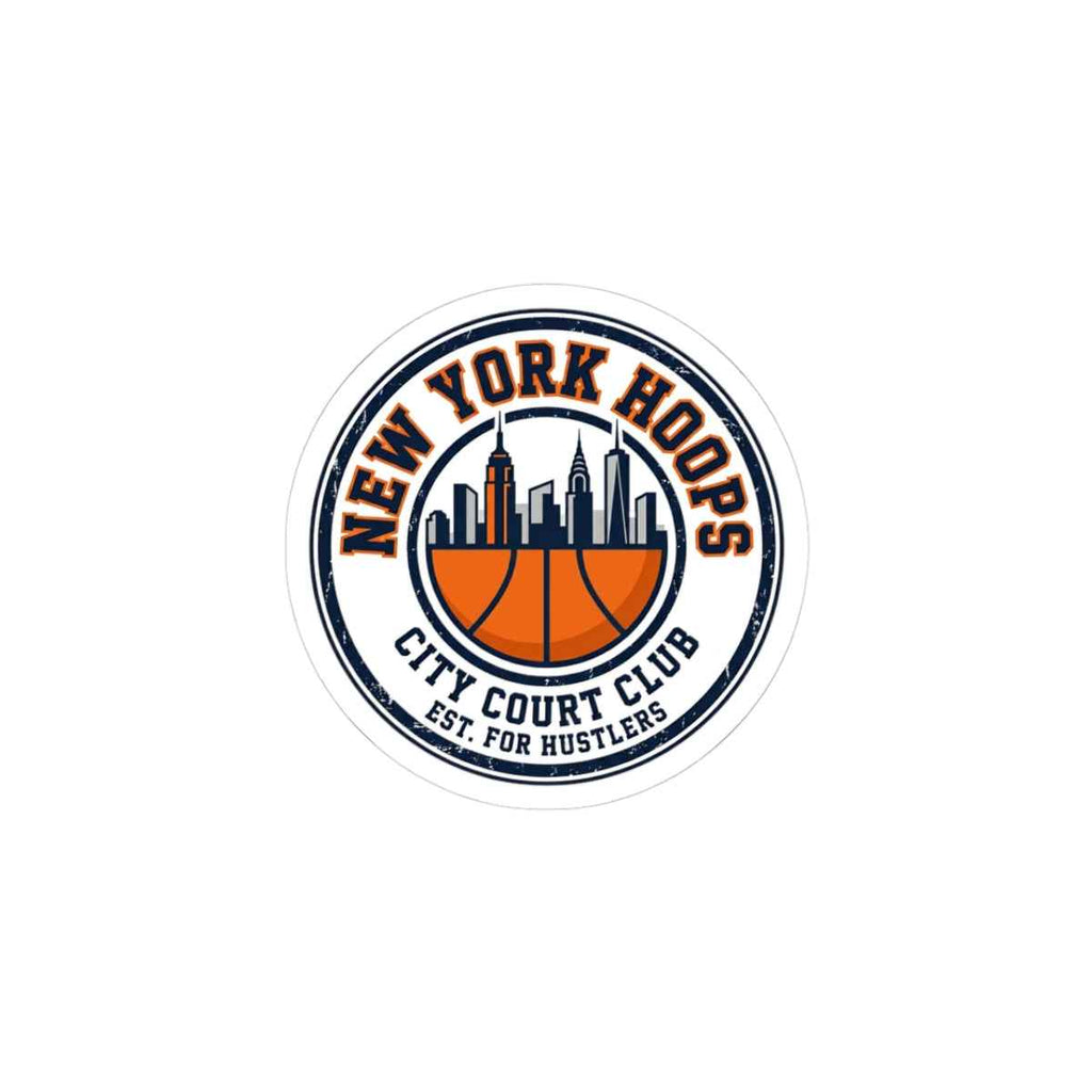 New York basketball sticker featuring skyline and basketball crest in retro block letters