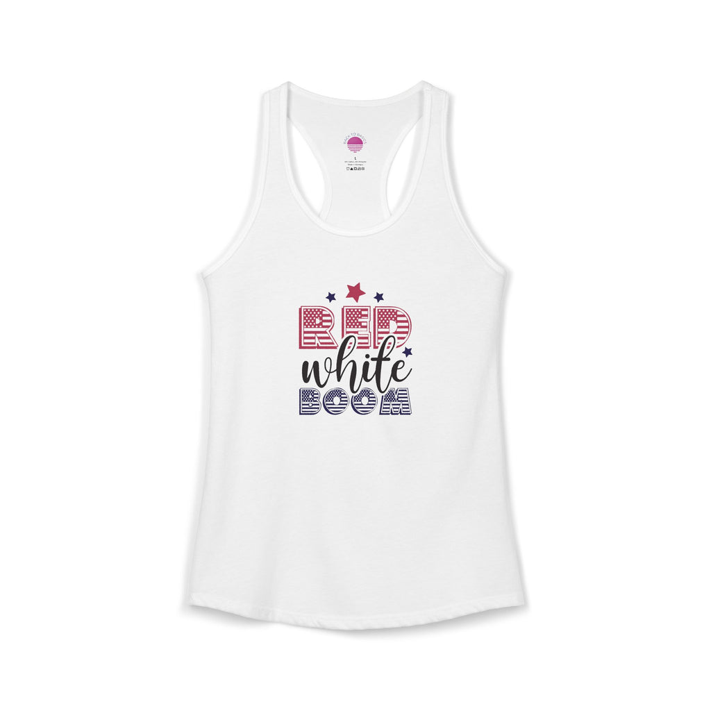 Women's lightweight racerback tank top in white with 'Red, White, and Boom!' graphic design.