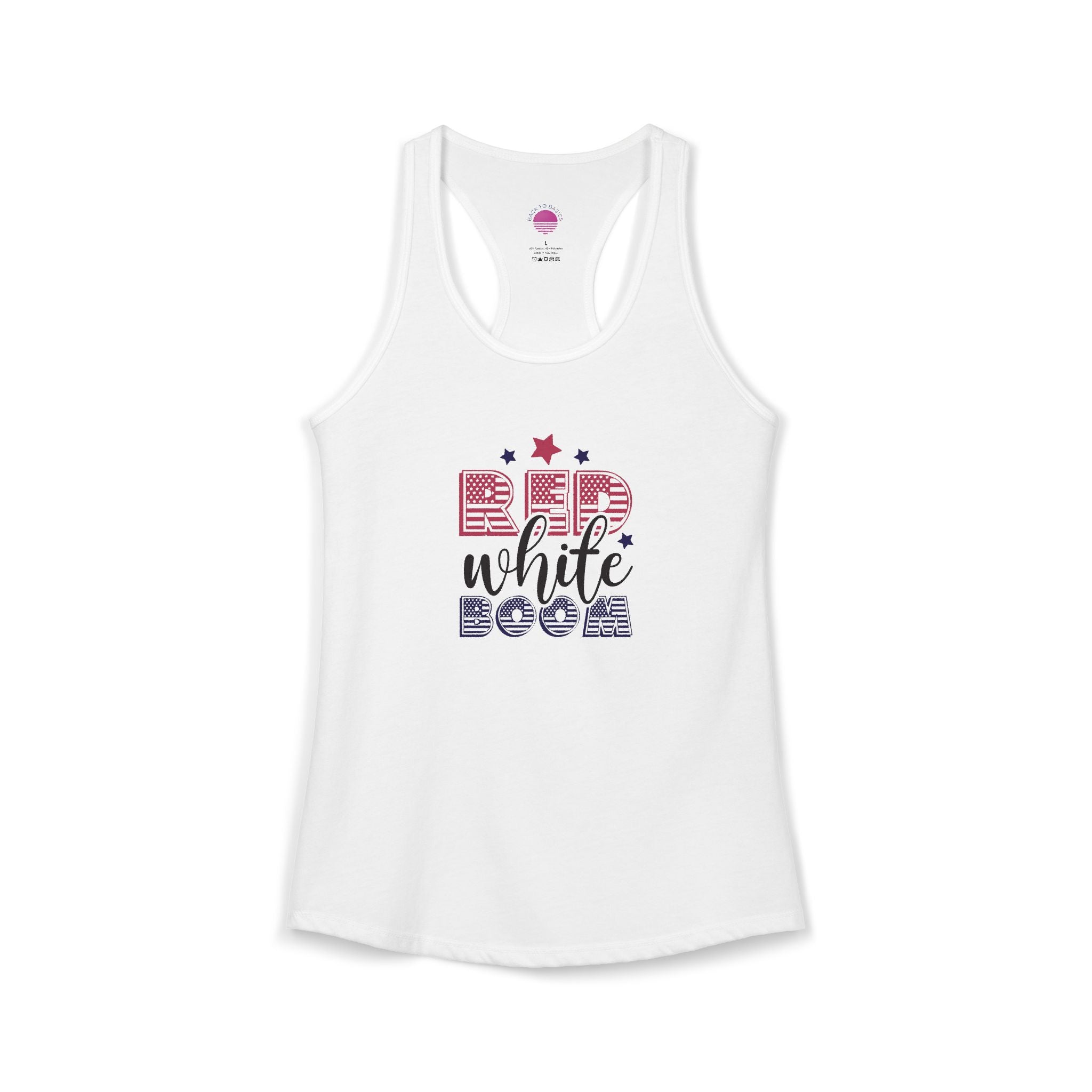 Women's lightweight racerback tank top in white with 'Red, White, and Boom!' graphic design.