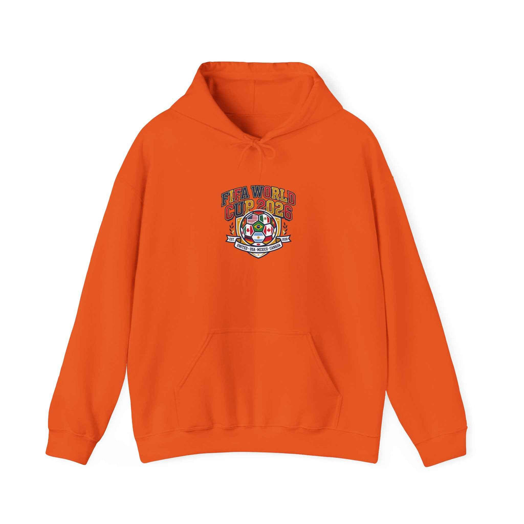 World Cup Patch Hoodie in orange, perfect for a soccer watch party hoodie, featuring collegiate crest and cozy fit.