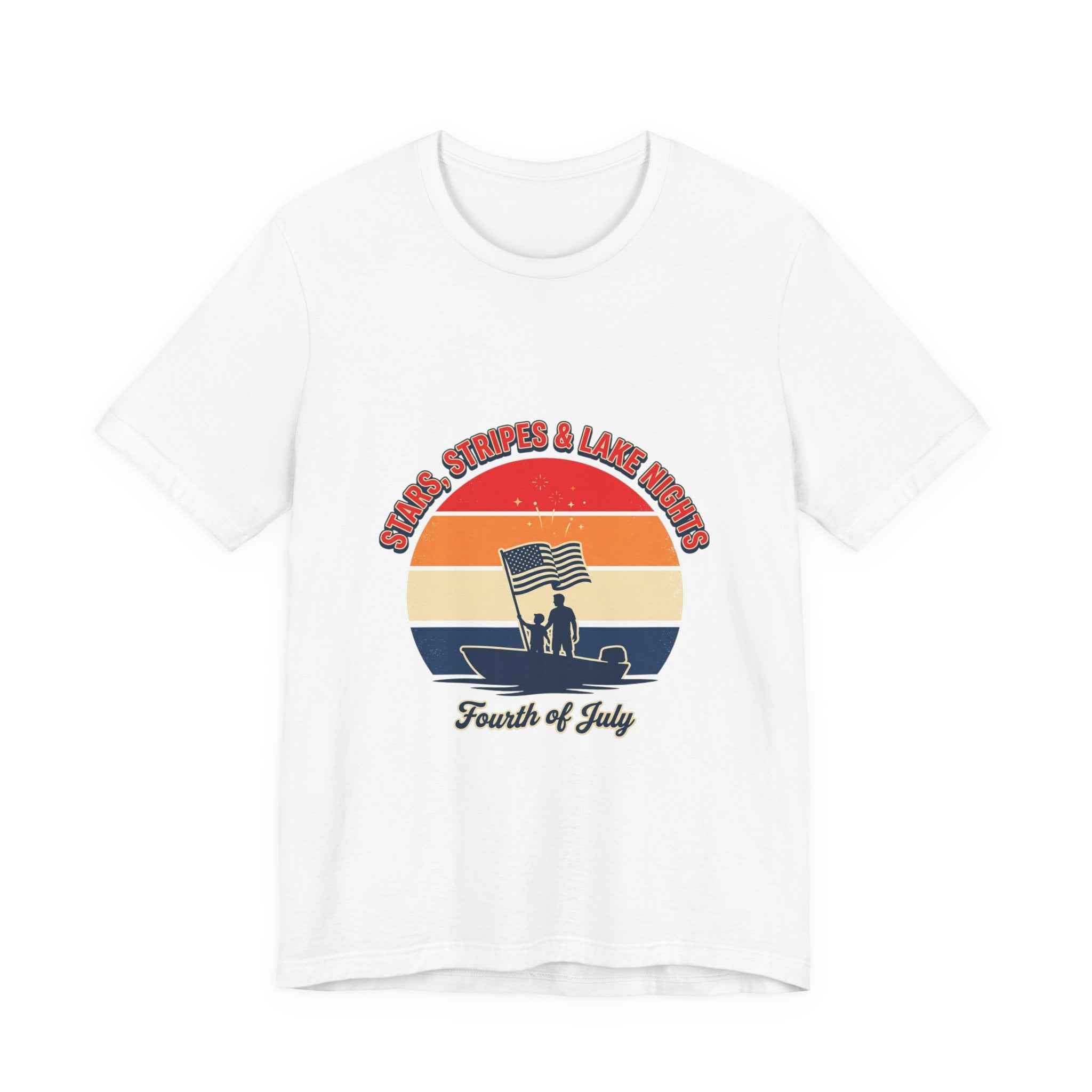 Vintage Fourth of July shirt featuring a sunset graphic and flag silhouette on a white tee.