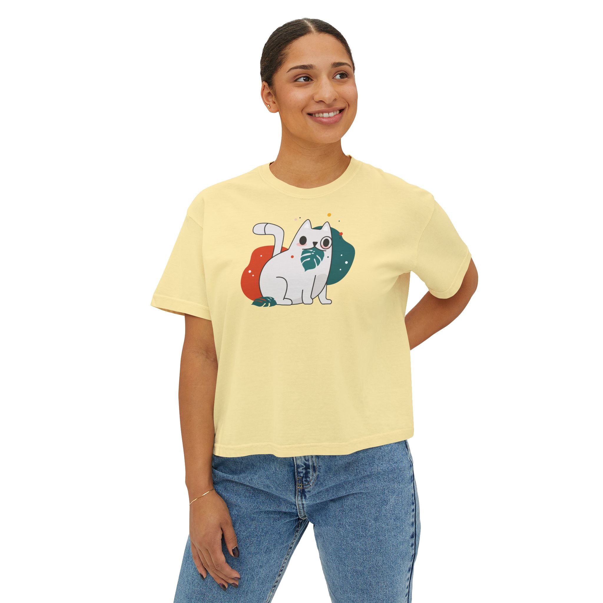 Cute Cosmic Cat Boxy Tee — Women's Graphic T-Shirt