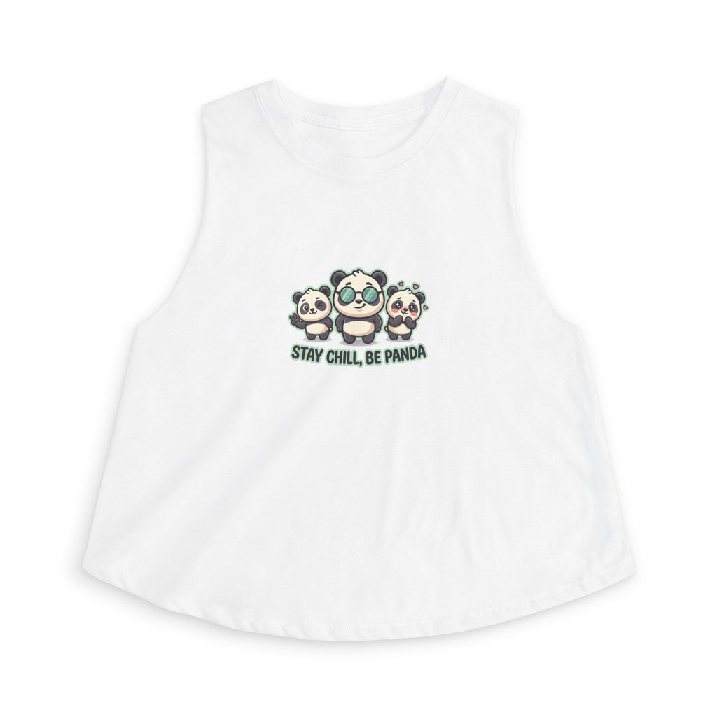 Cute panda graphic crop top featuring three playful panda illustrations and the phrase 'Stay Chill Be Panda'.