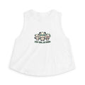 Cute panda graphic crop top featuring three playful panda illustrations and the phrase 'Stay Chill Be Panda'.