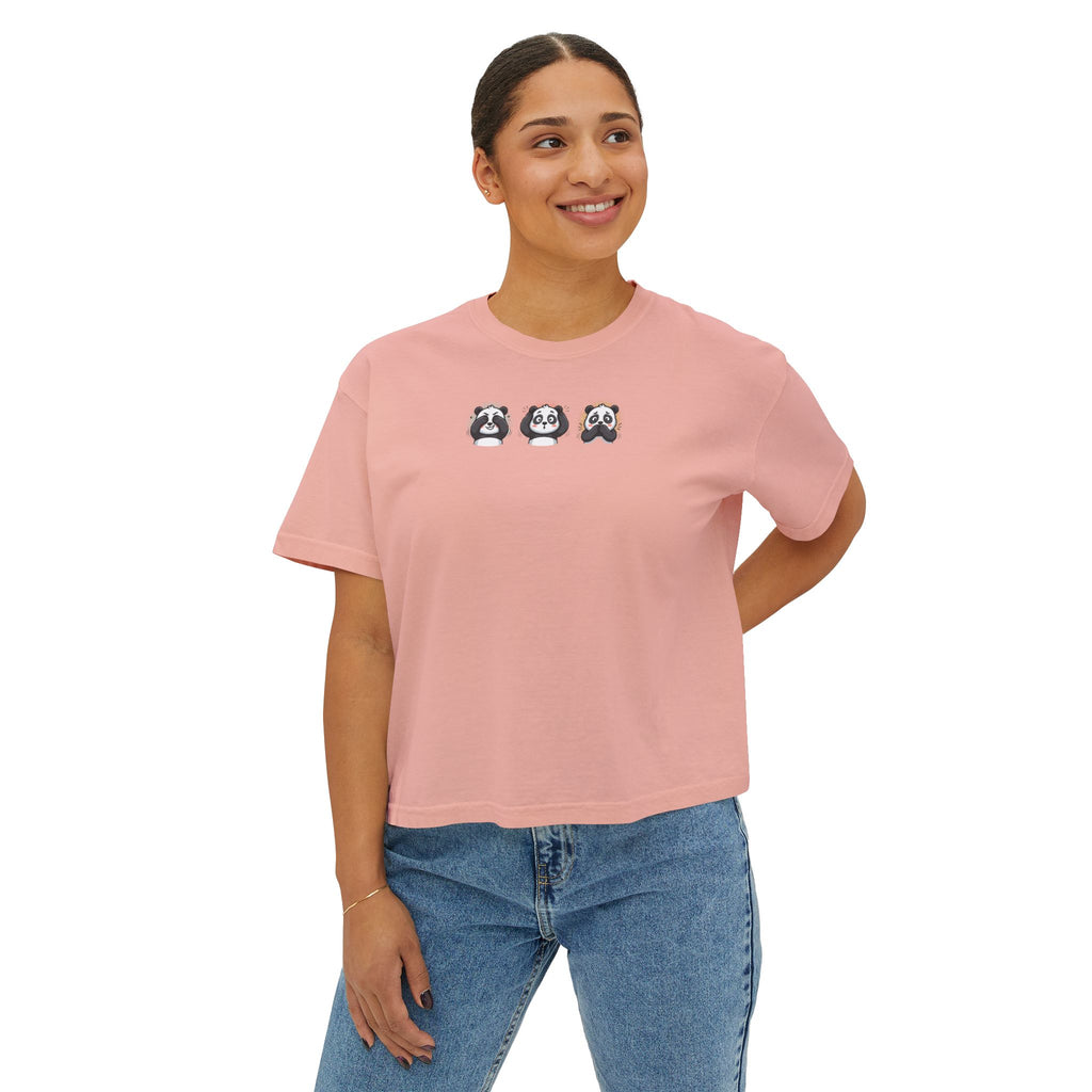 Panda Trio Boxy Tee — Women's Cute Panda Graphic T-Shirt
