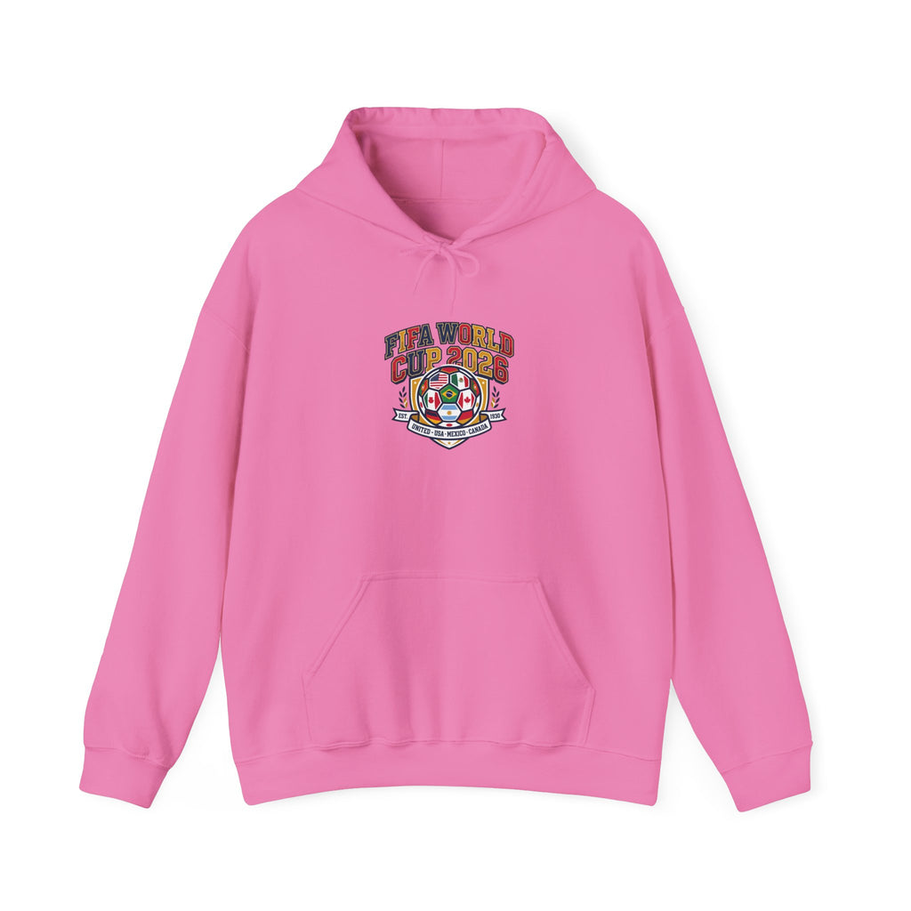 World Cup Patch Hoodie in pink for soccer watch party, featuring retro crest and cozy design for match-day events.