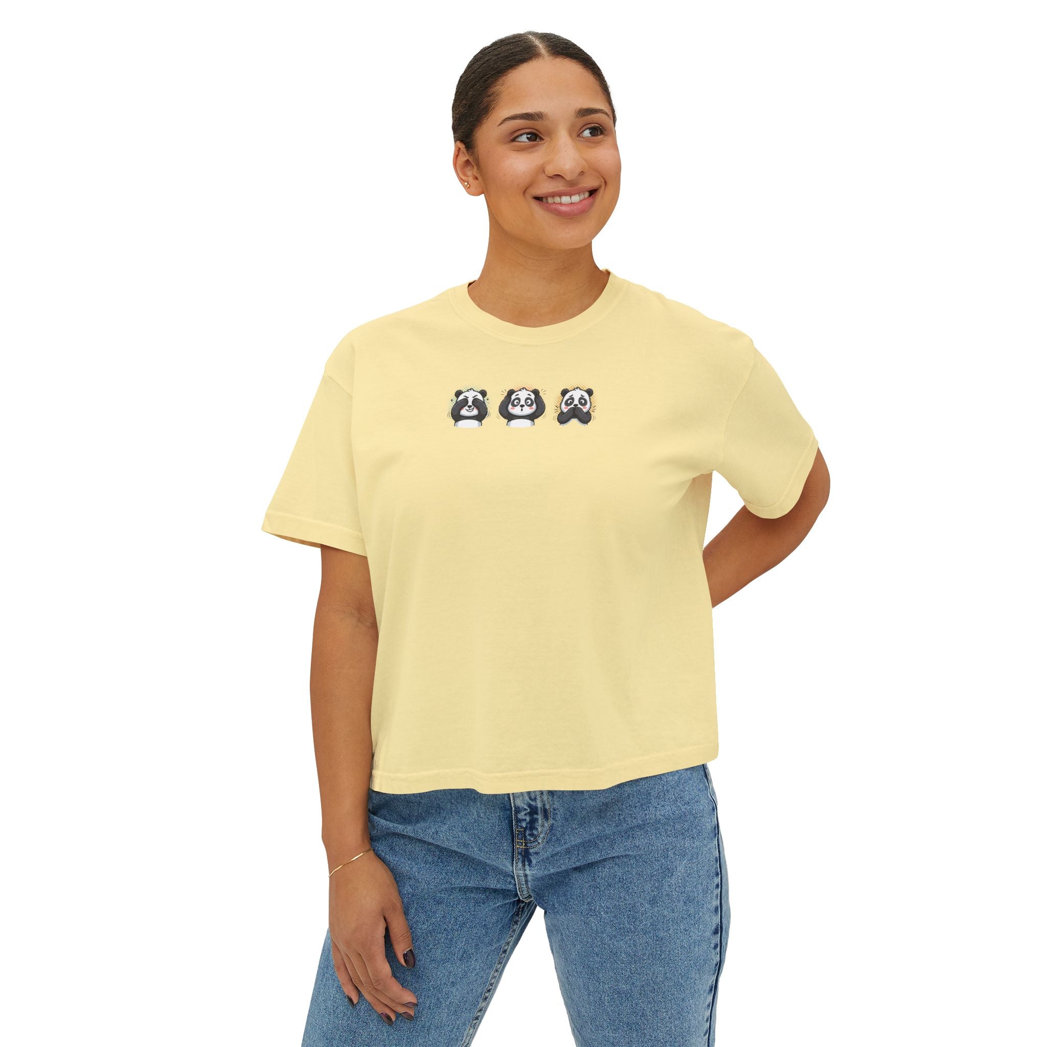 Panda Trio Boxy Tee — Women's Cute Panda Graphic T-Shirt