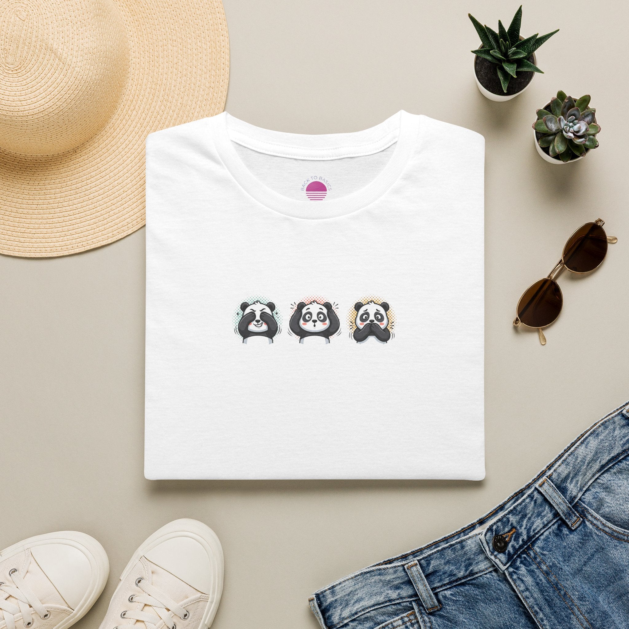 Panda Trio Graphic T-Shirt featuring cute cartoon panda faces on a white tee, showcasing a playful design.