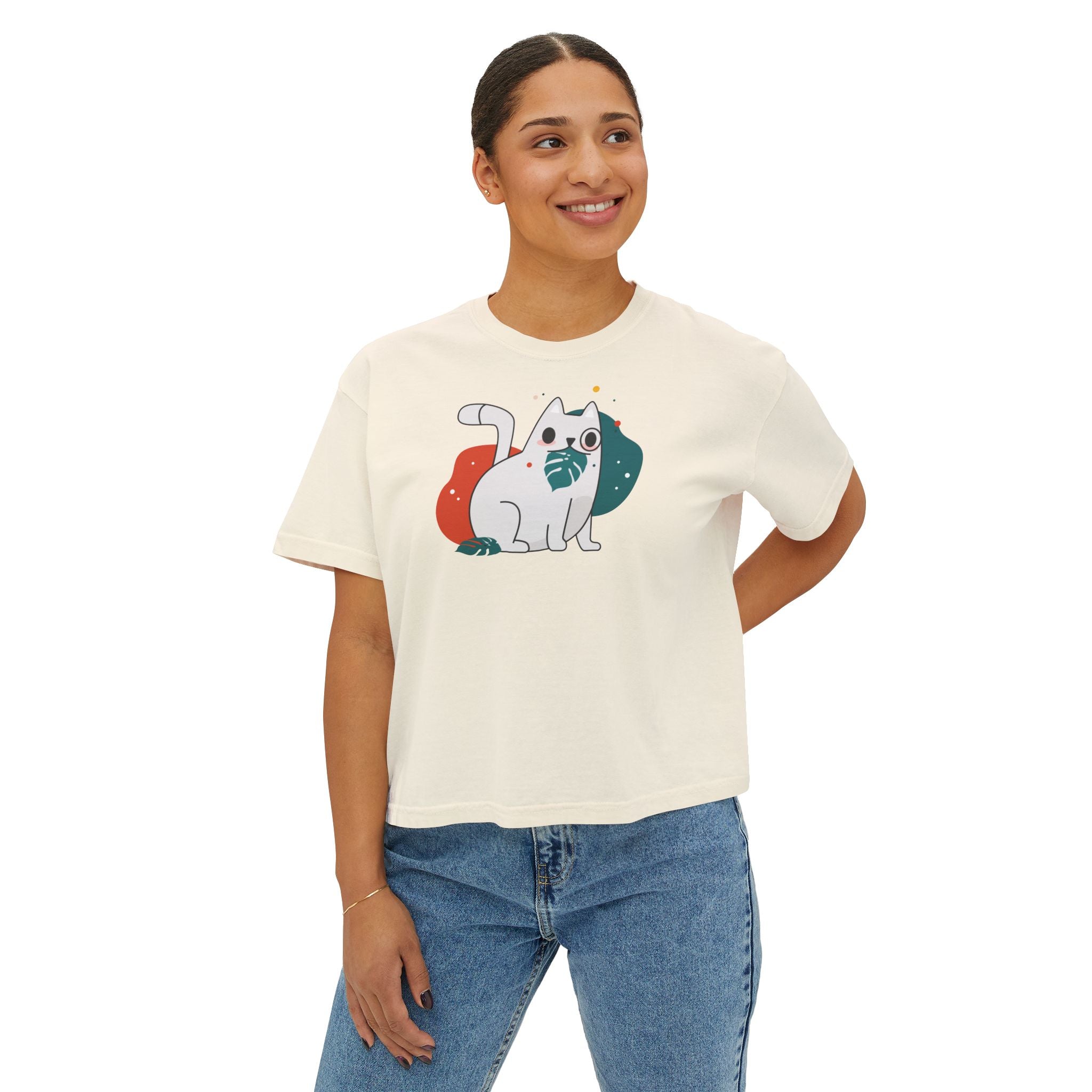 Cute Cosmic Cat Boxy Tee — Women's Graphic T-Shirt