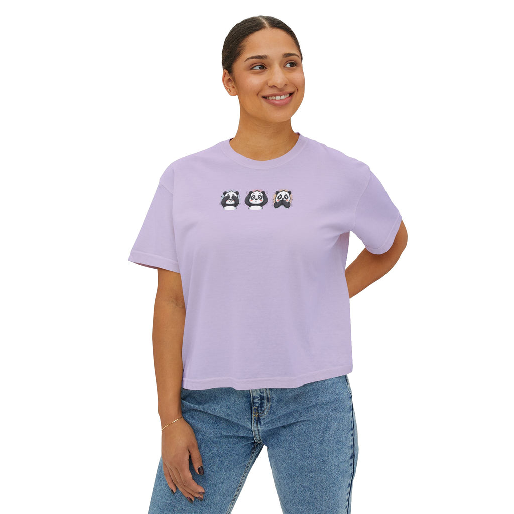 Woman wearing a lavender cute panda graphic t-shirt with three panda designs on the chest.