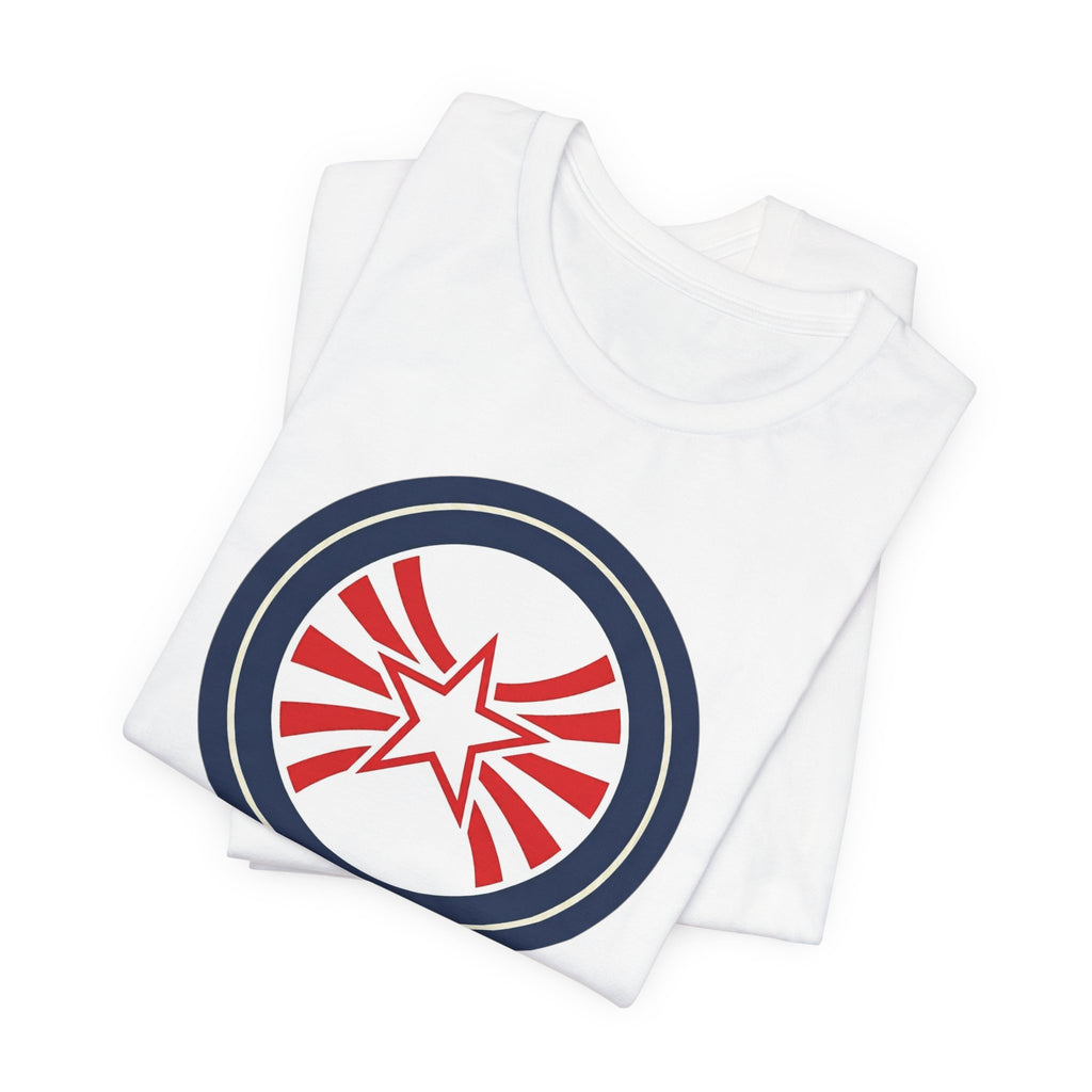 Patriotic Starburst Tee — Red, White & Blue Round Emblem T-Shirt