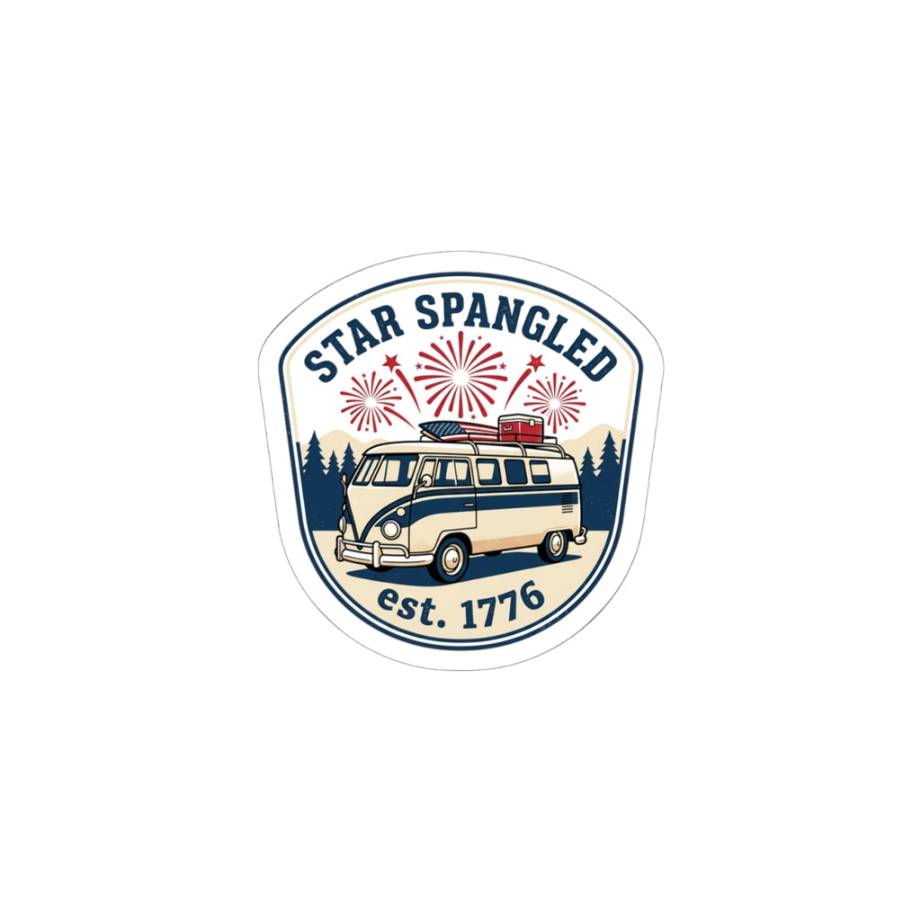 Custom kiss-cut stickers featuring a vintage van with fireworks and 'Star Spangled' design, est. 1776.