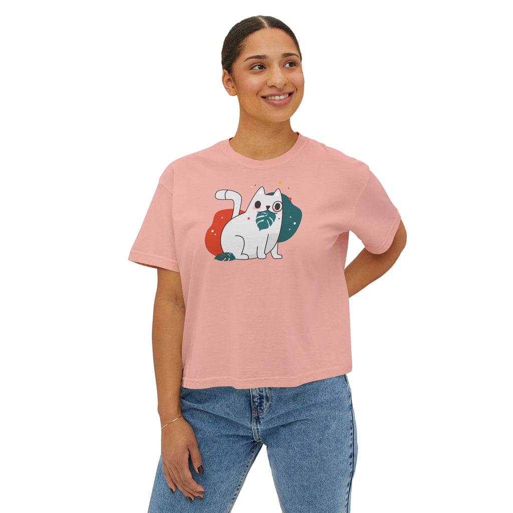 Cute Cosmic Cat Boxy Tee — Women's Graphic T-Shirt