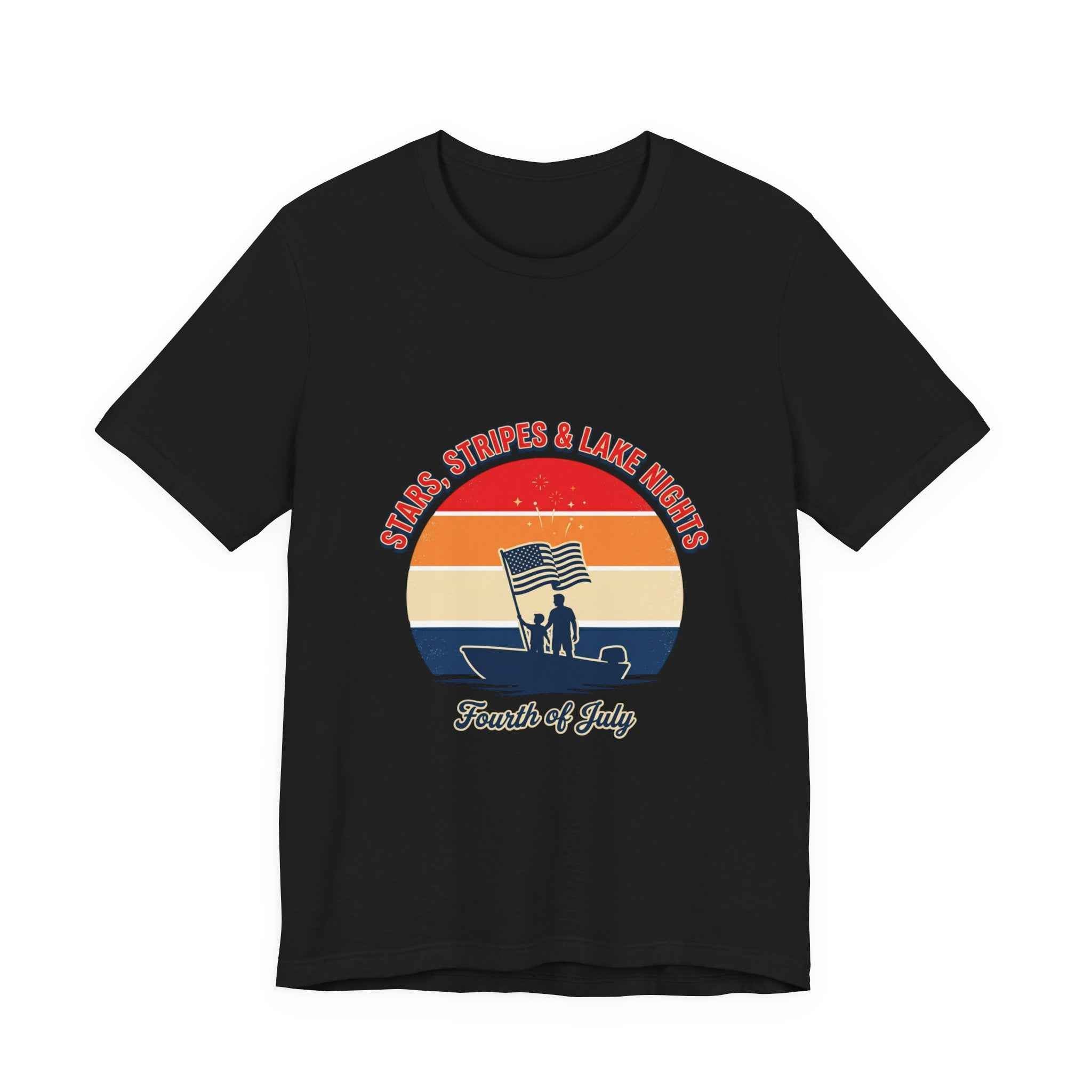 Stars Stripes & Lake Vibes Tee, vintage Fourth of July shirt with sunset graphic and flag silhouette.