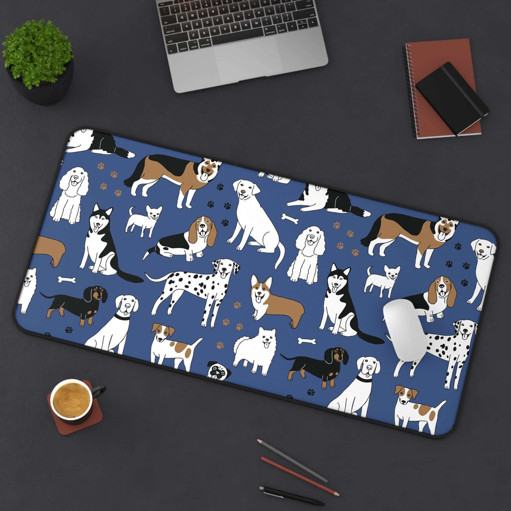Dog Pattern Desk Mat — Blue Cute Puppy Desk Pad for Pet Lovers