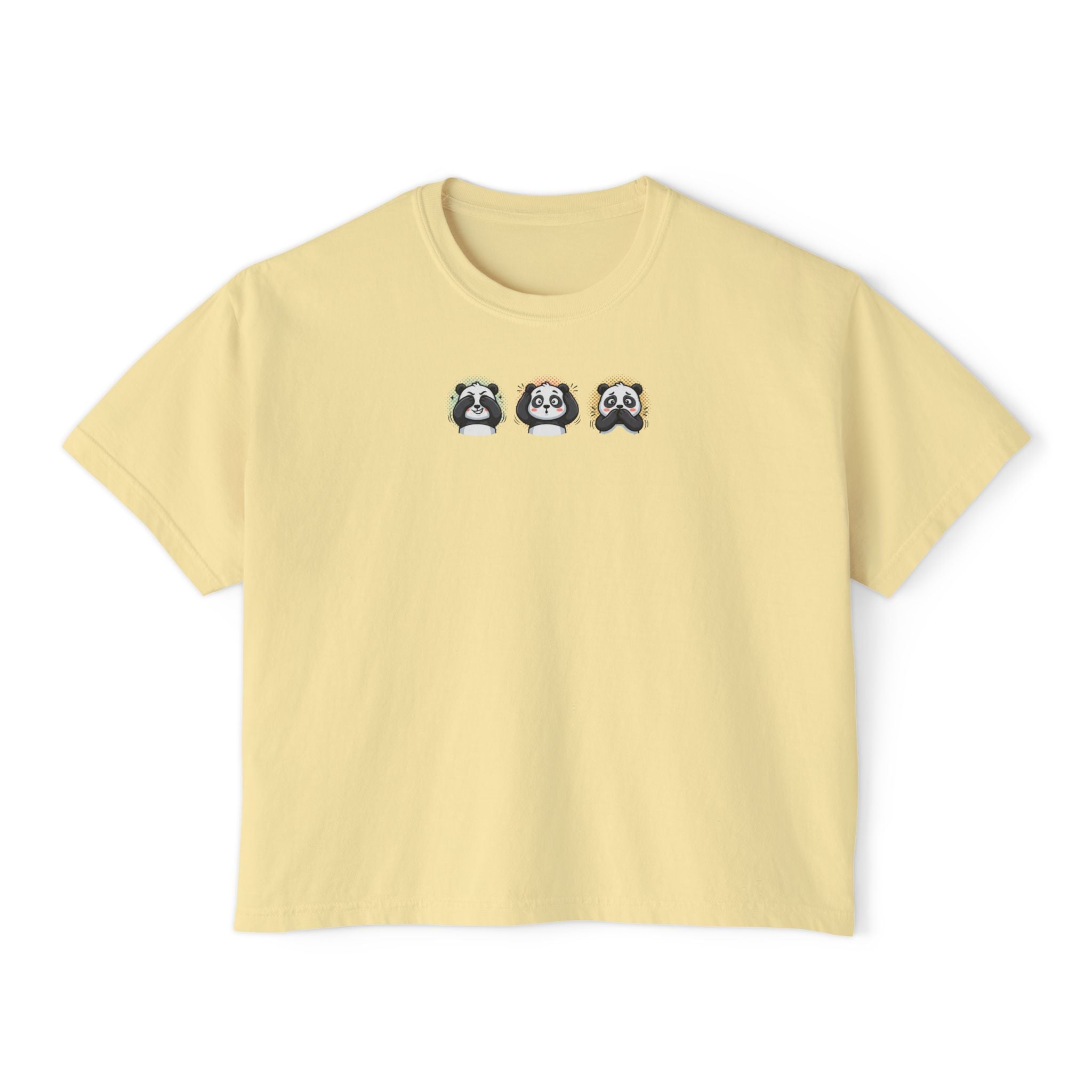 Cute panda graphic t-shirt featuring three playful pandas on a soft yellow boxy tee.