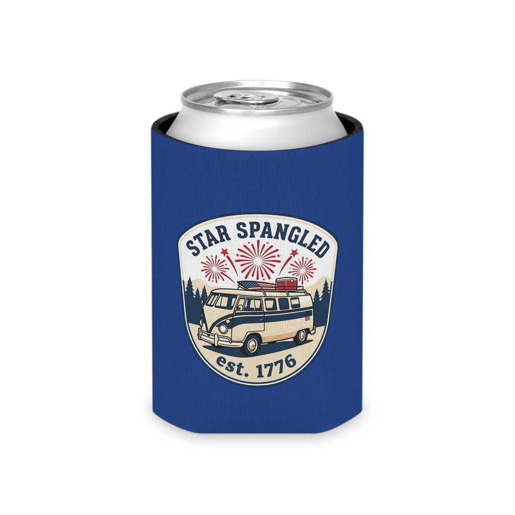 Star Spangled Van Can koozie, a patriotic beer cooler featuring retro Americana design and fireworks.