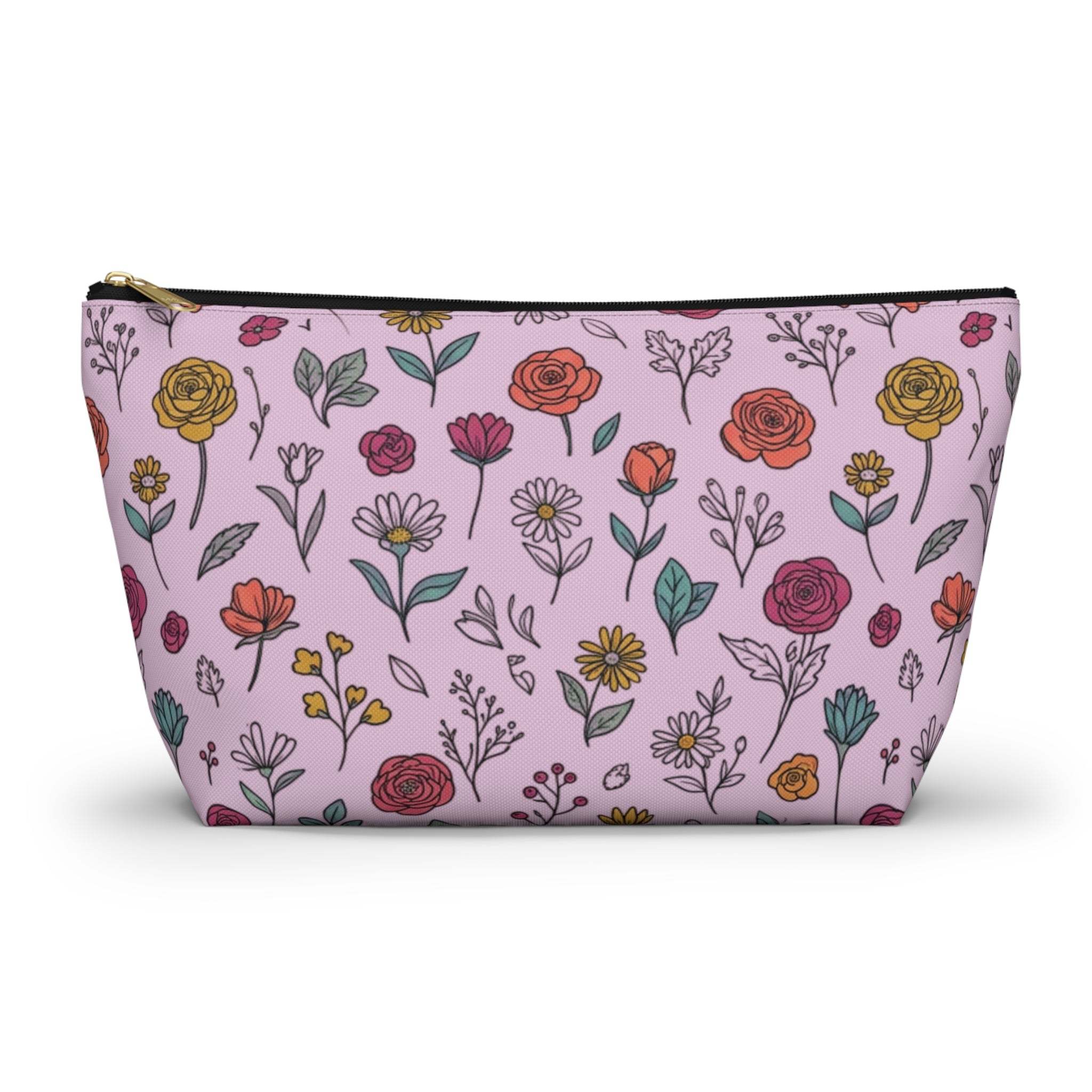 Floral doodle makeup pouch with colorful flower patterns on a pink background, perfect for organizing makeup and travel essentials.