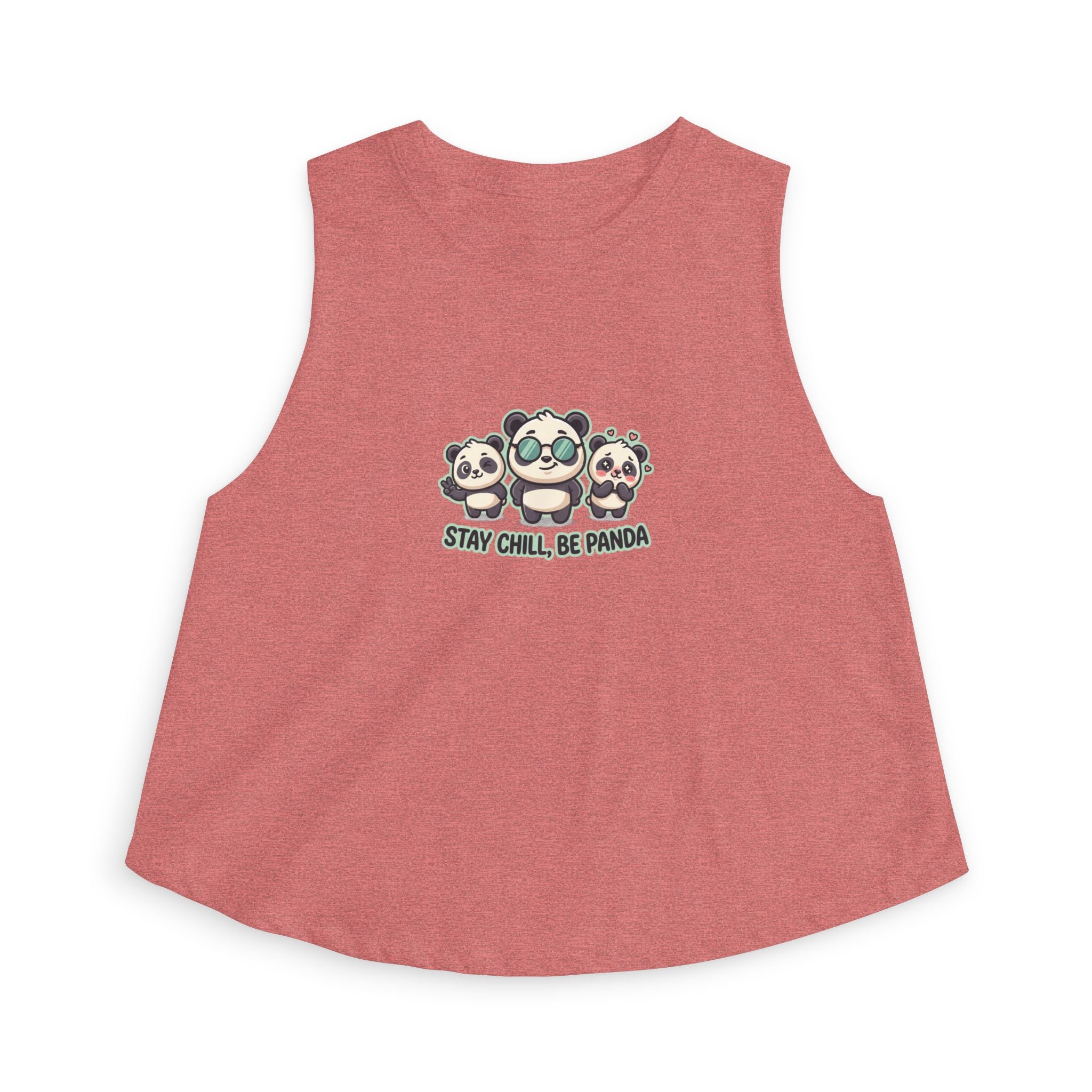 Cute panda graphic crop top featuring playful pandas and the phrase Stay Chill Be Panda.