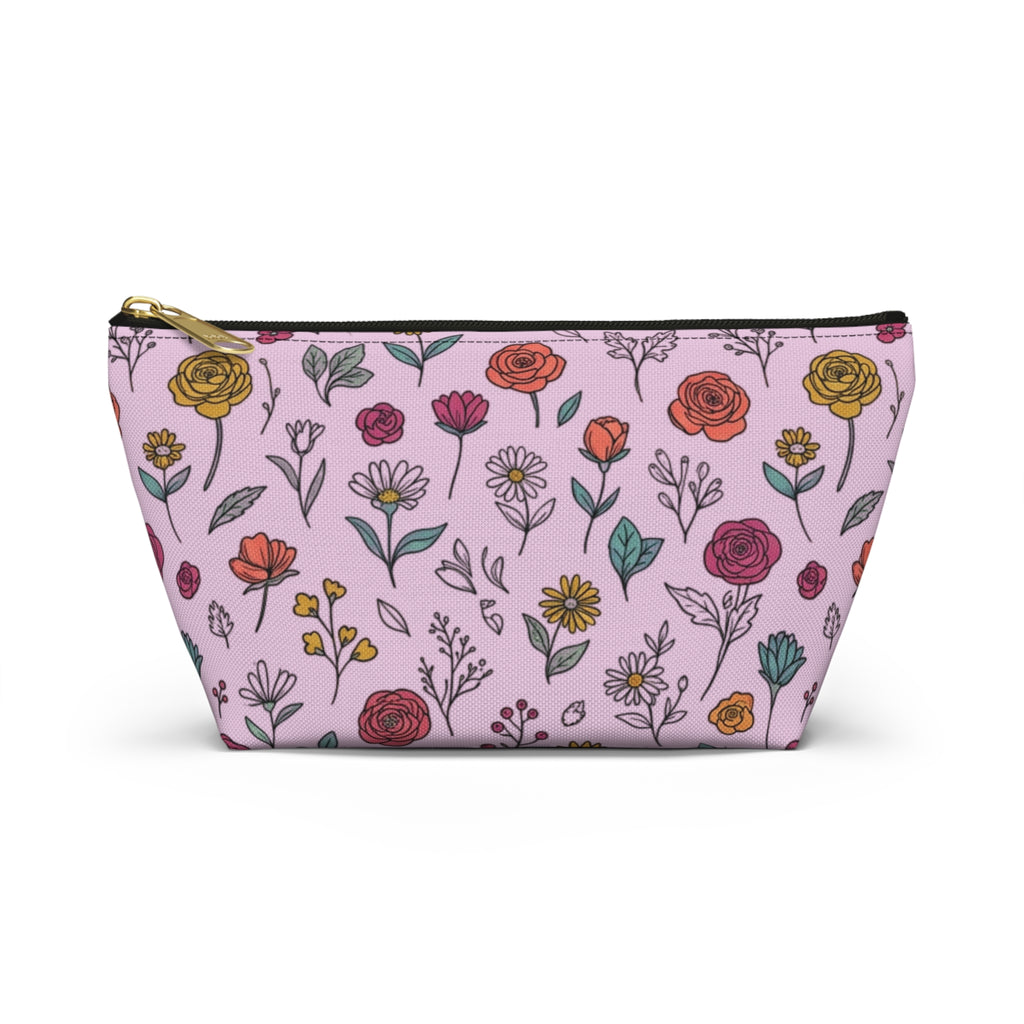 Floral Doodle Makeup Pouch in pink with hand-drawn flowers, perfect for makeup and travel organization.
