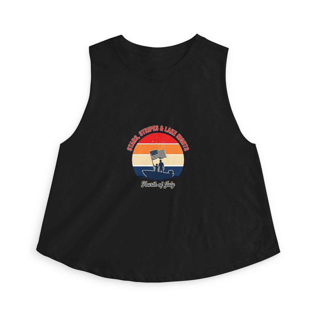 Retro Fourth of July crop top featuring a vintage sunset graphic on a black sleeveless tank.