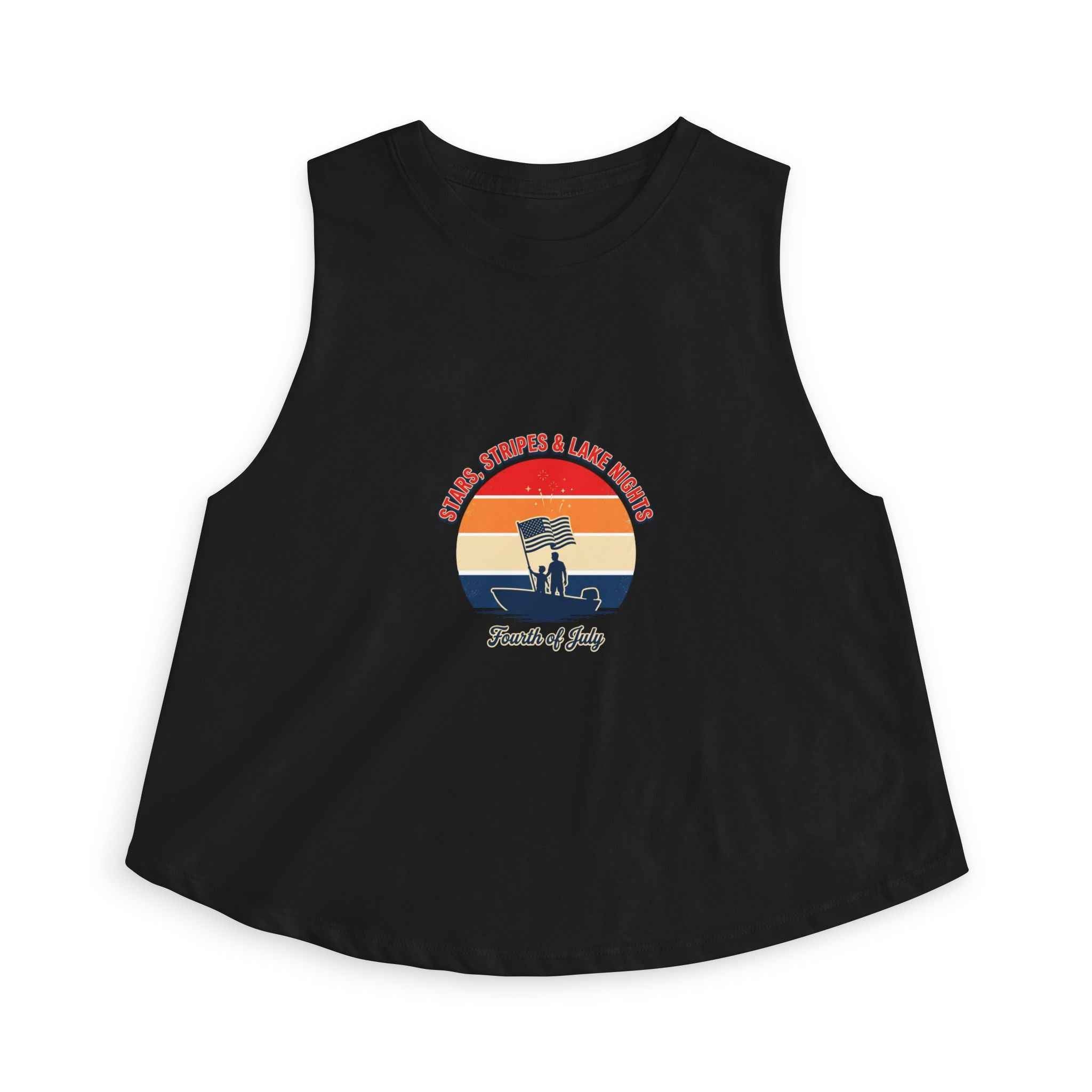 Retro Fourth of July crop top featuring a vintage sunset graphic on a black sleeveless tank.