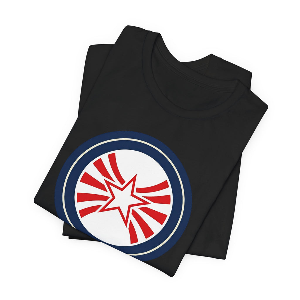 Patriotic Starburst Tee — Red, White & Blue Round Emblem T-Shirt