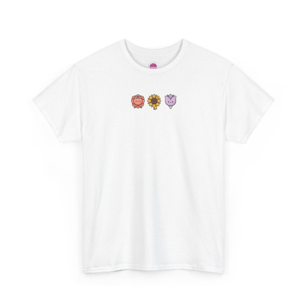 Flower Trio Tee — Cute Mini Floral Lion, Sunflower & Heart Plants Graphic T-Shirt