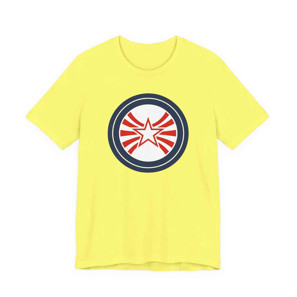 Patriotic Starburst Tee — Red, White & Blue Round Emblem T-Shirt