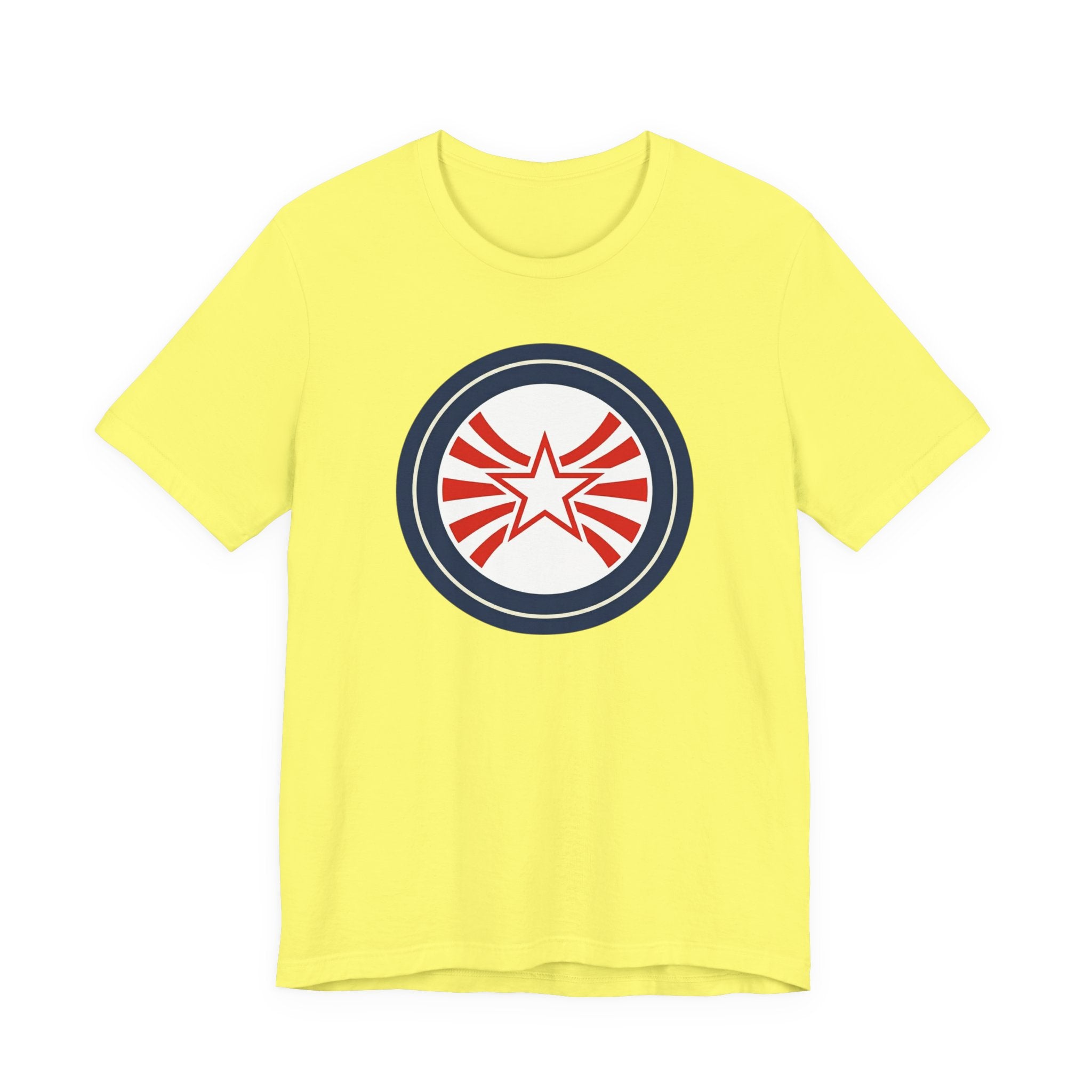 Patriotic Starburst Tee — Red, White & Blue Round Emblem T-Shirt