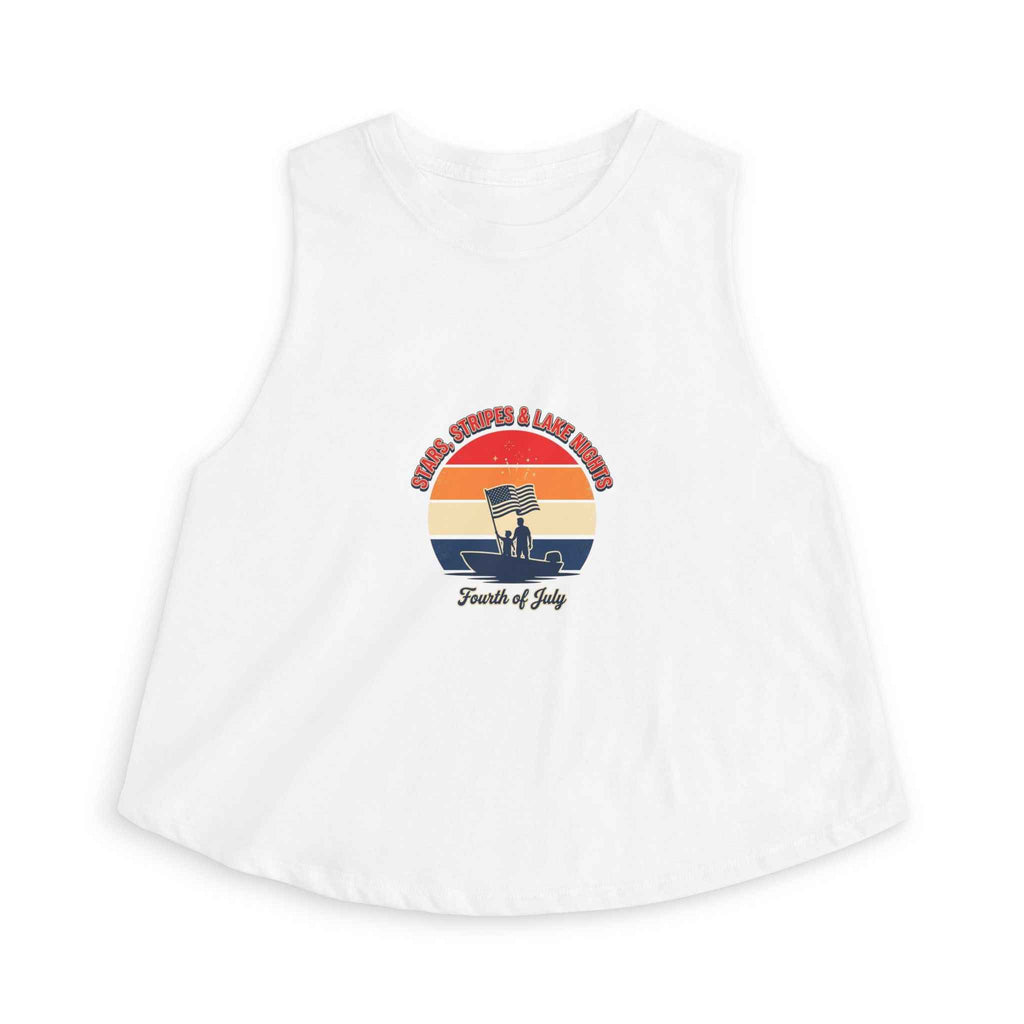 Retro Fourth of July crop top featuring vintage sunset graphic on a white tank.