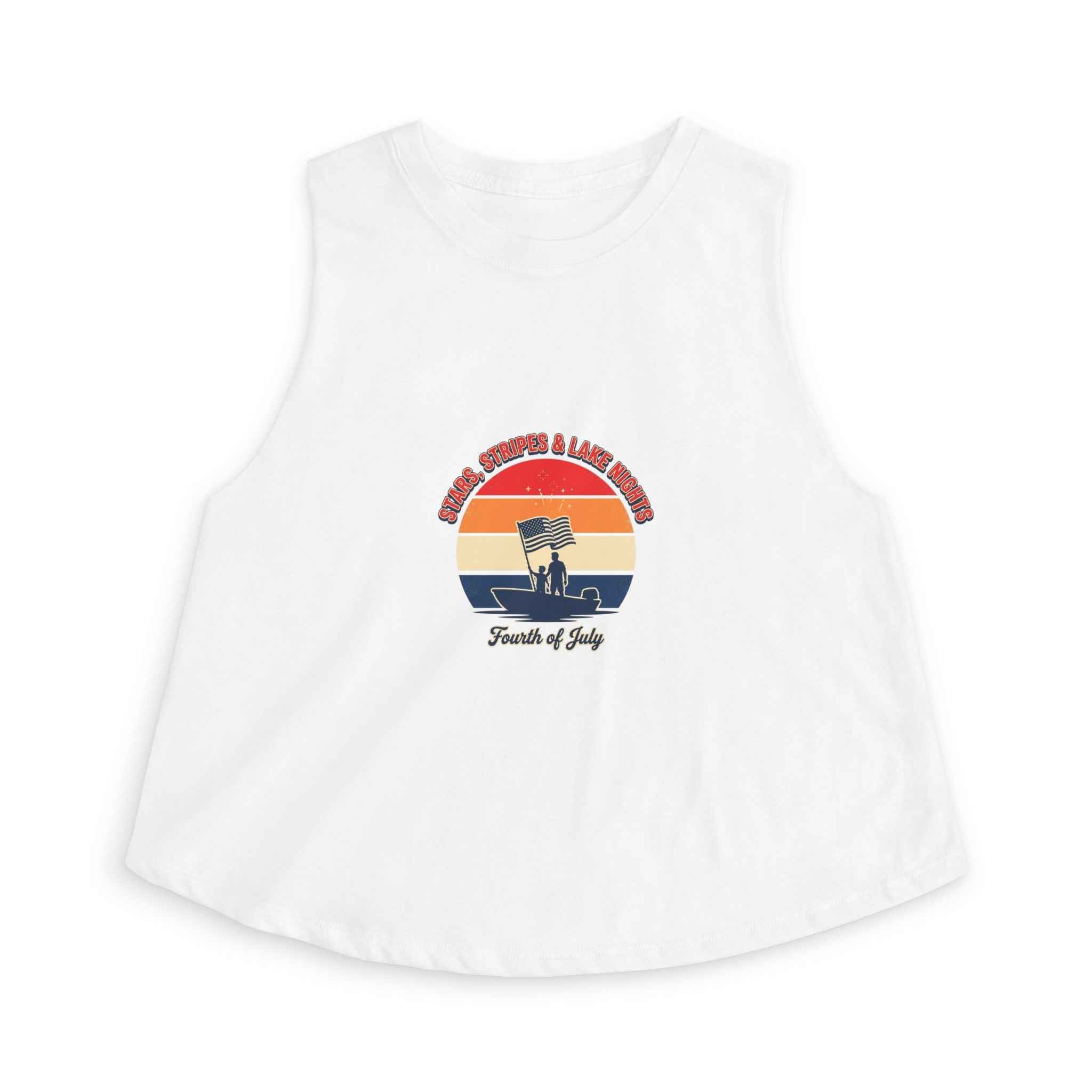 Retro Fourth of July crop top featuring vintage sunset graphic on a white tank.