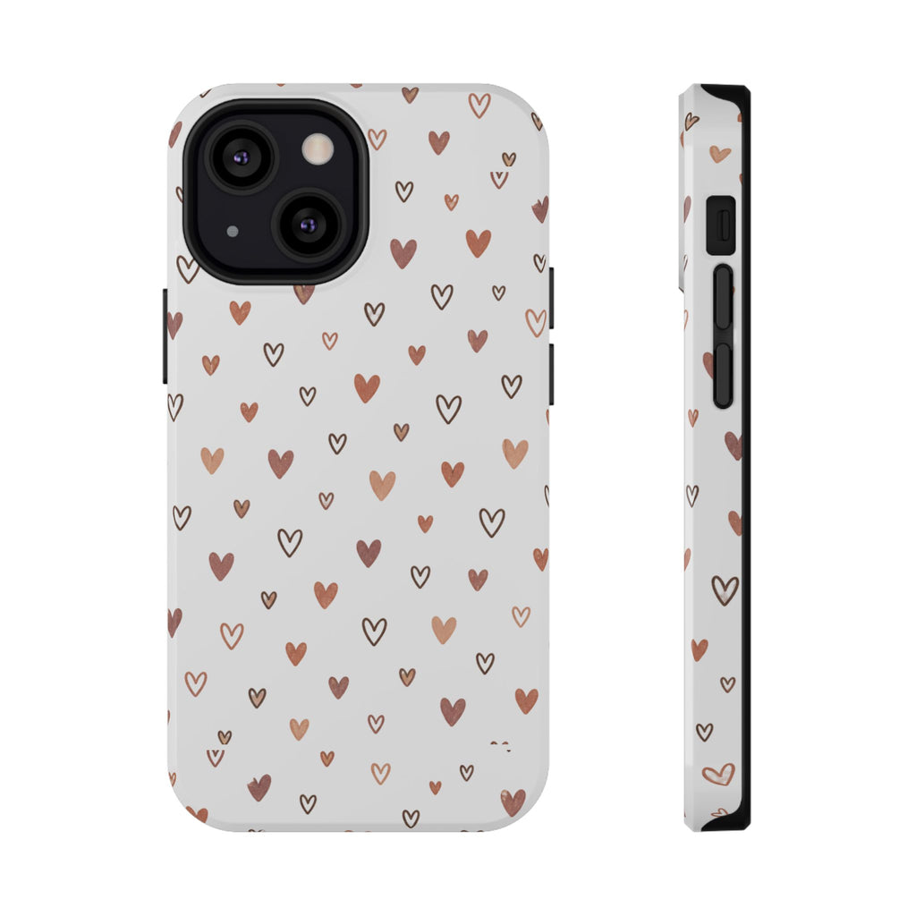 Heart Doodle Impact-Resistant Phone Case with tiny hearts design in blush and brown tones.