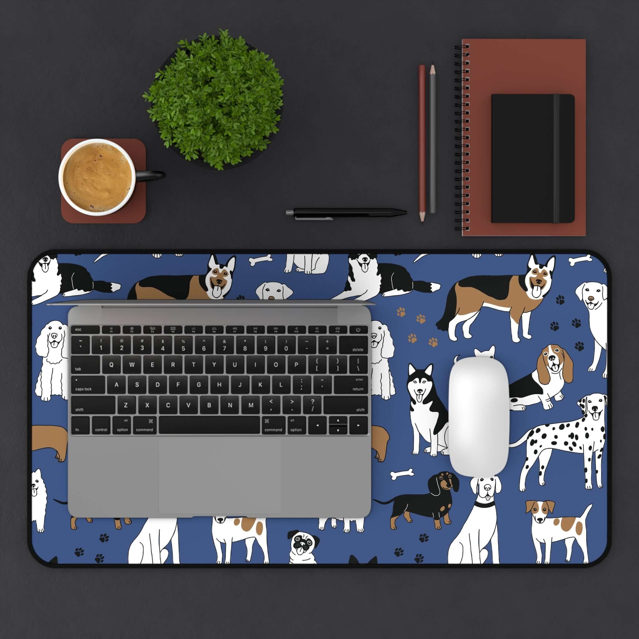 Dog Pattern Desk Mat — Blue Cute Puppy Desk Pad for Pet Lovers