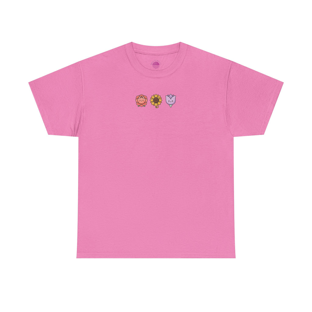 Flower Trio Tee — Cute Mini Floral Lion, Sunflower & Heart Plants Graphic T-Shirt