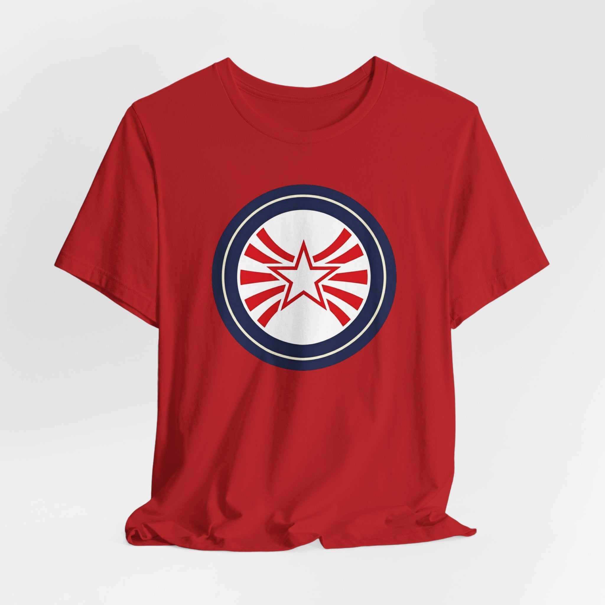 Patriotic Starburst Tee — Red, White & Blue Round Emblem T-Shirt