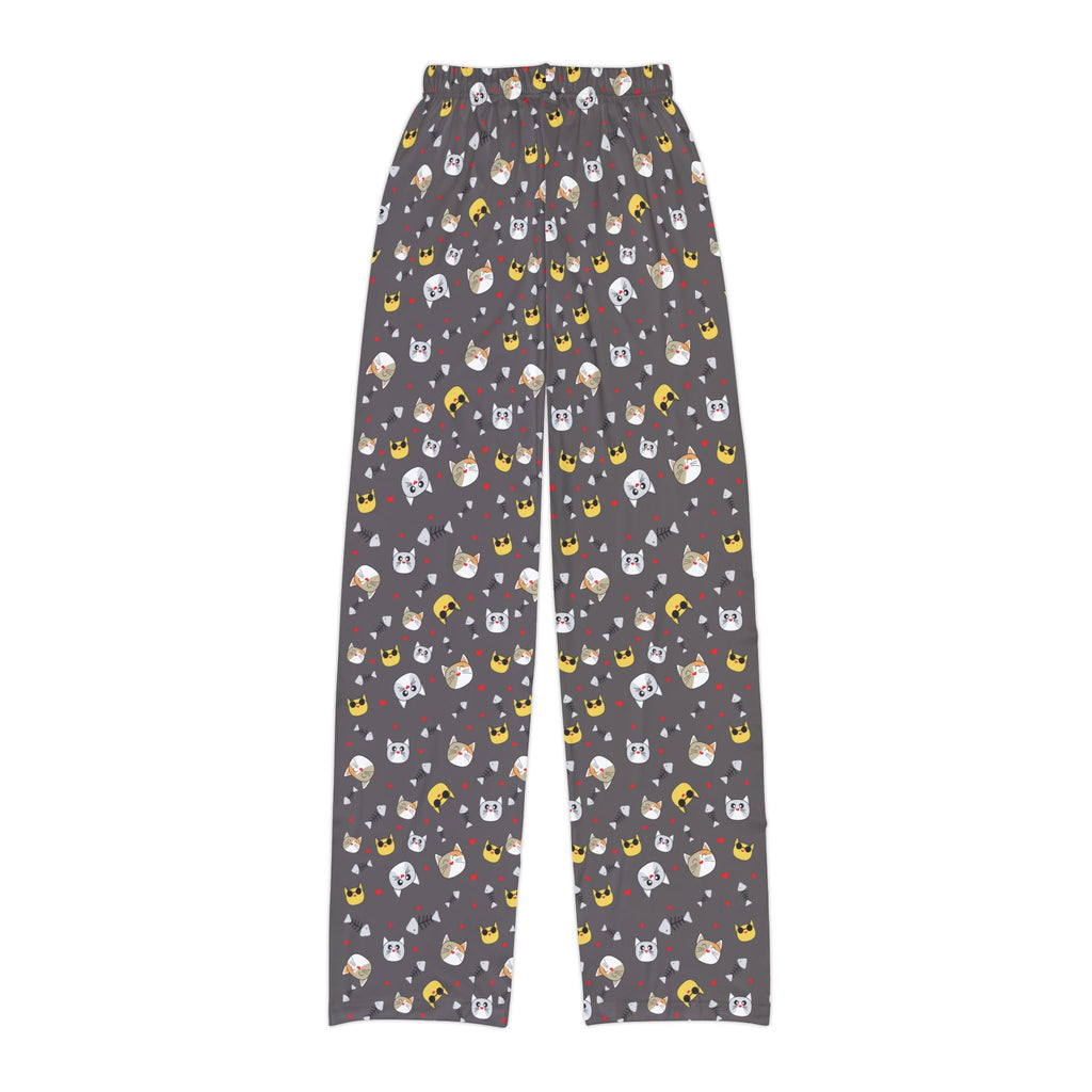 Kids cat emoji lounge pants with playful cat print and elastic waistband for comfort.