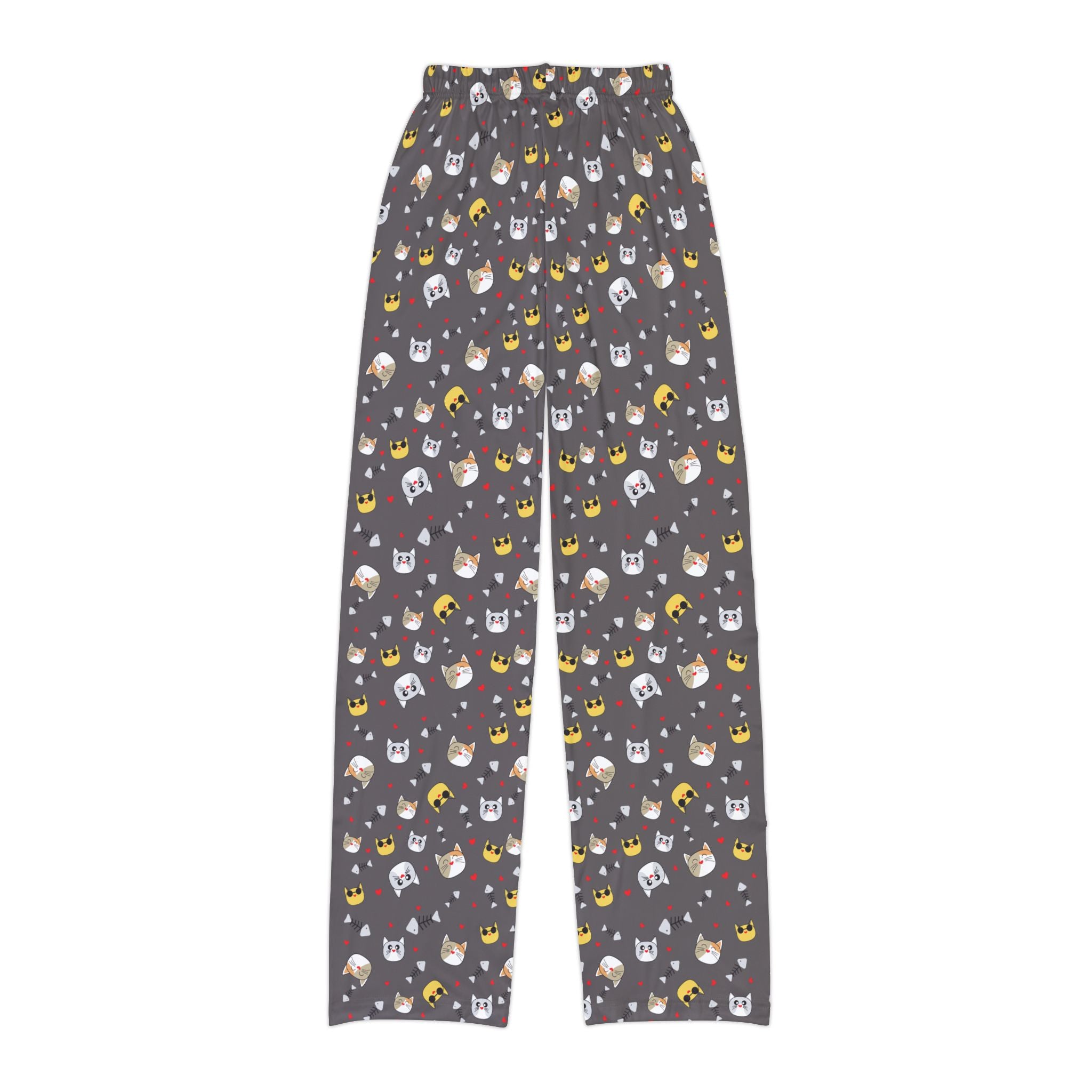 Kids cat emoji lounge pants with playful cat print and elastic waistband for comfort.