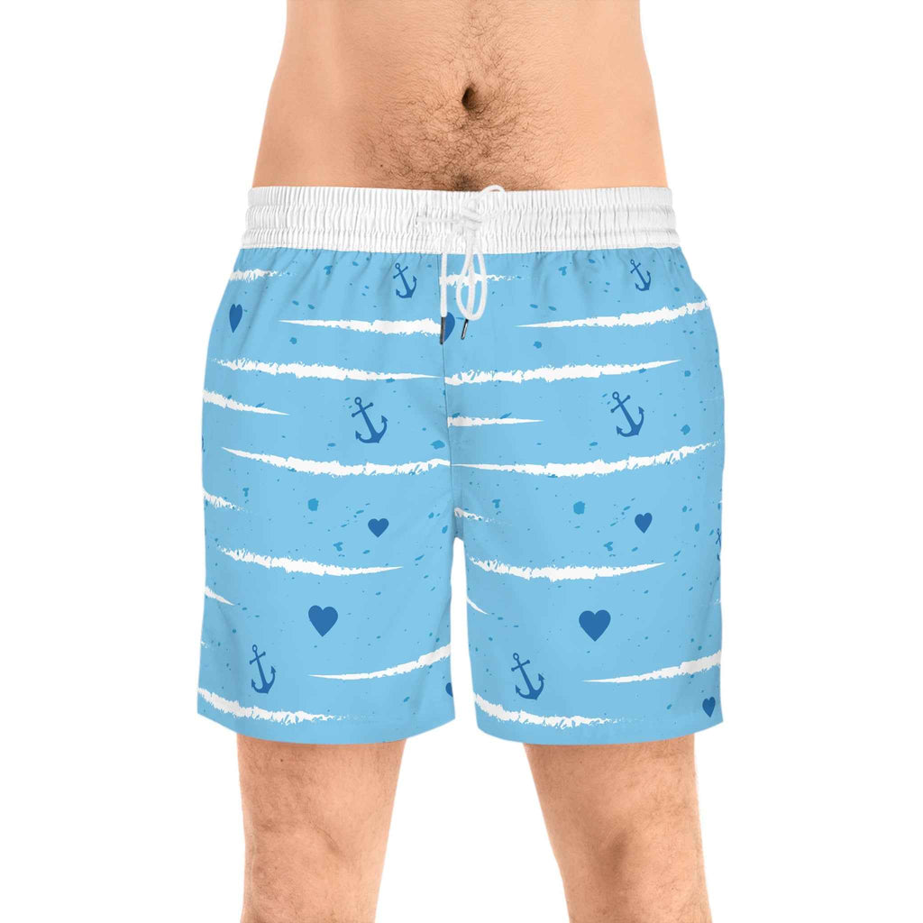 Nautical Anchor Blue Swim Shorts — Men's Mid-Length Swim Trunks