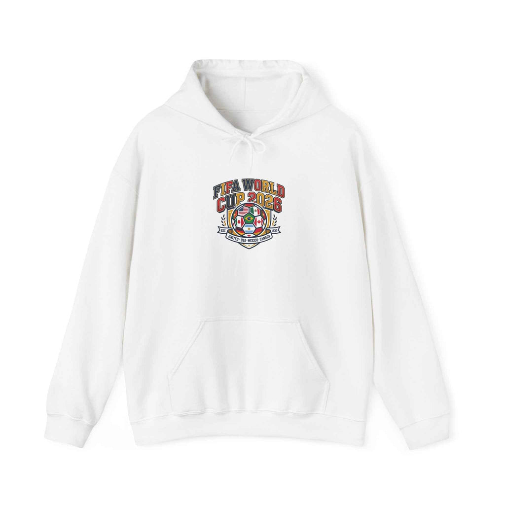 World Cup Patch Hoodie featuring retro crest, perfect for soccer watch party hoodie and stylish match-day outfit.