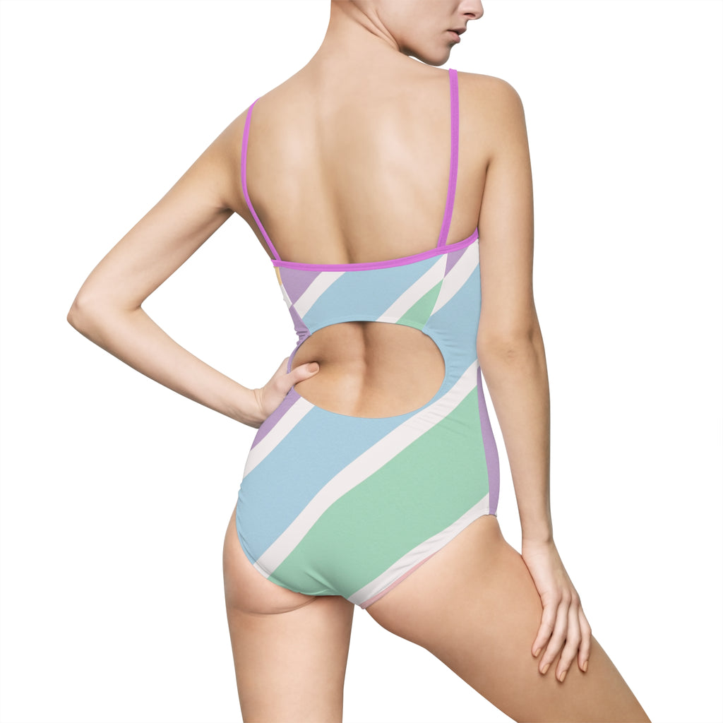 Pastel Stripe One-Piece Swimsuit — Women's Colorblock Beach Swimwear