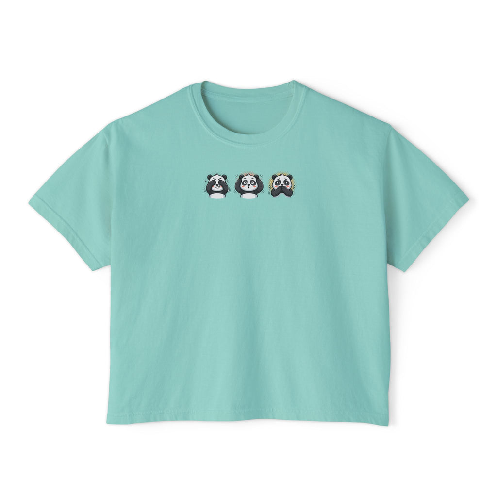 Cute panda graphic t-shirt in teal with trio of panda designs on the chest.