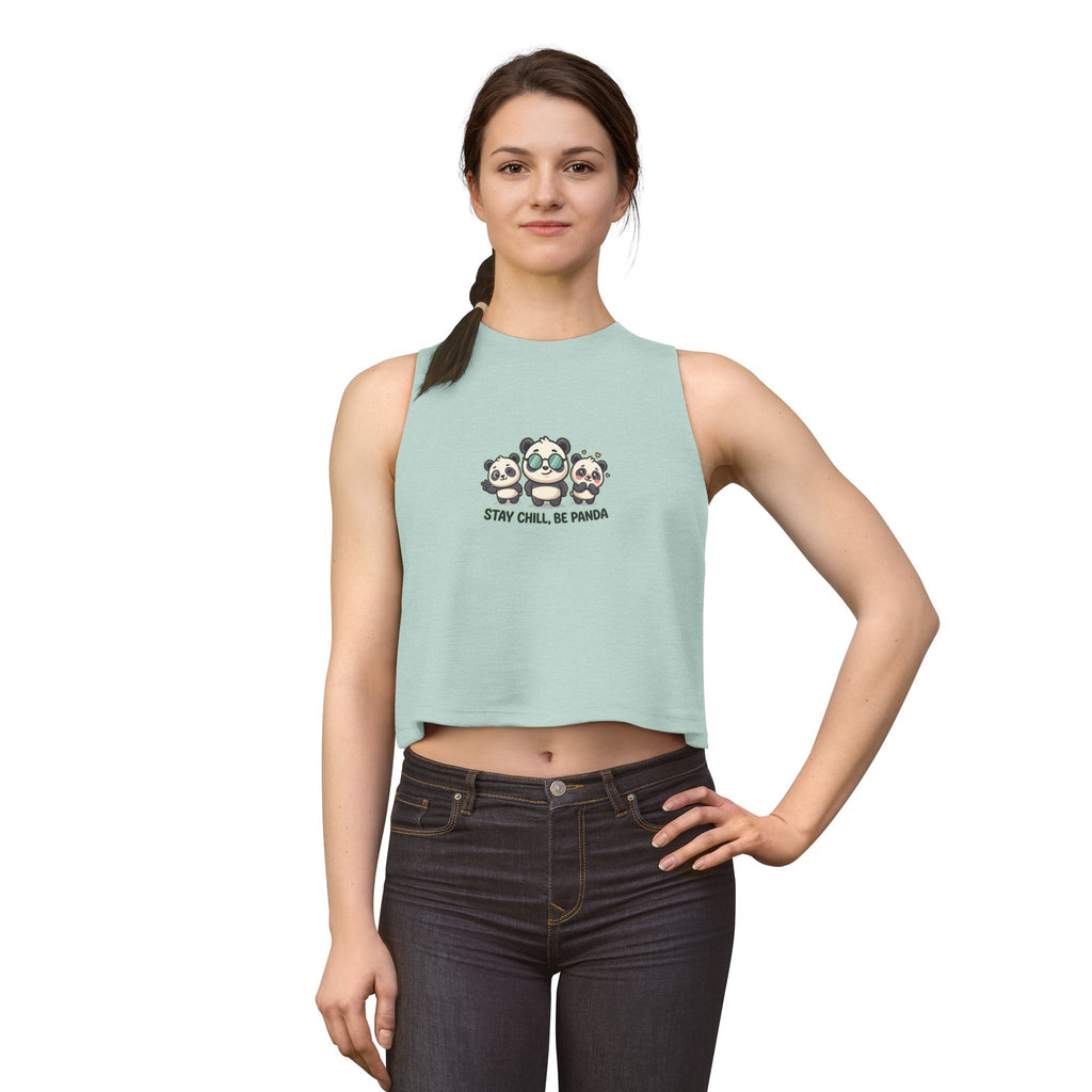 Cute panda graphic crop top featuring 'Stay Chill Be Panda' design on a light background.