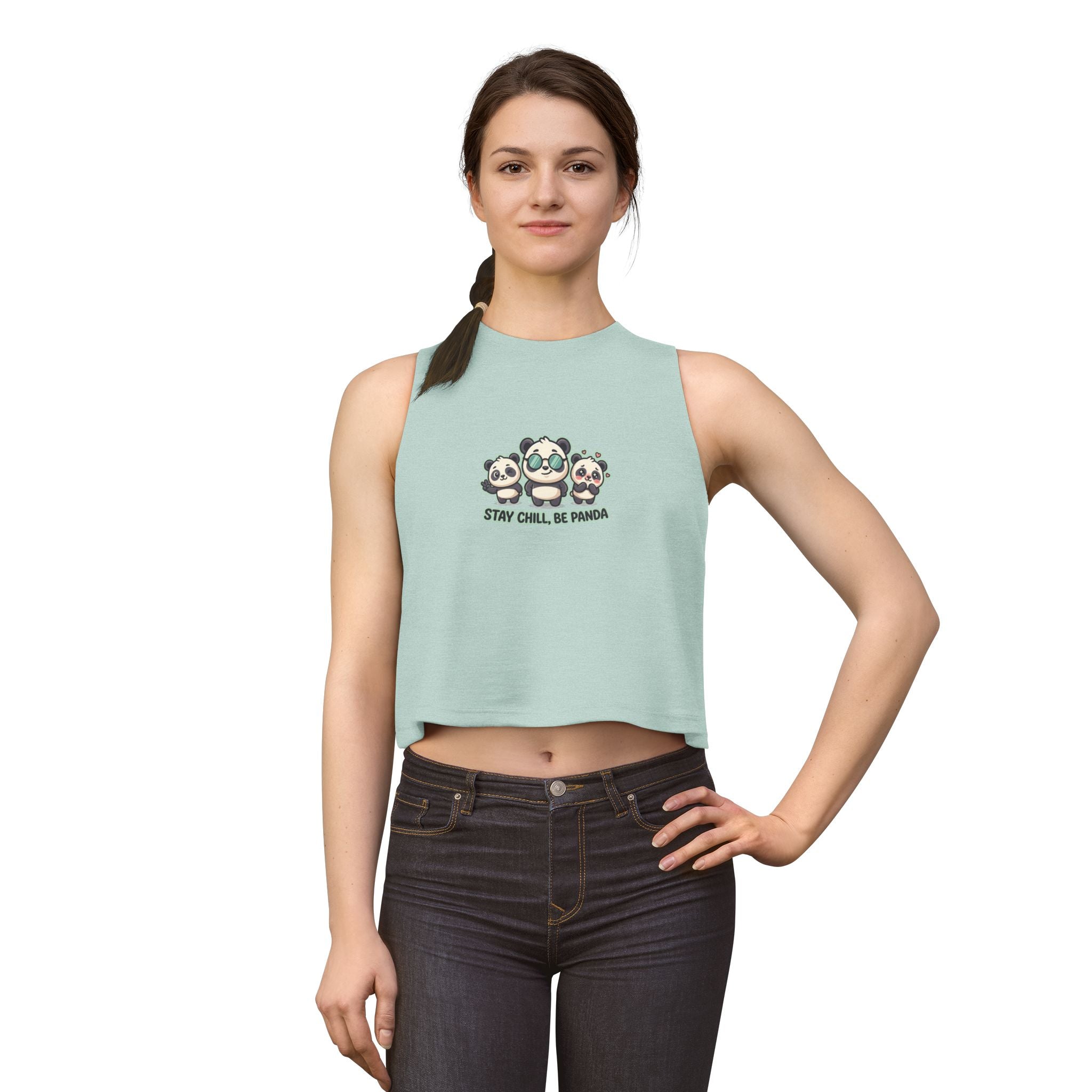 Cute panda graphic crop top featuring 'Stay Chill Be Panda' design on a light background.