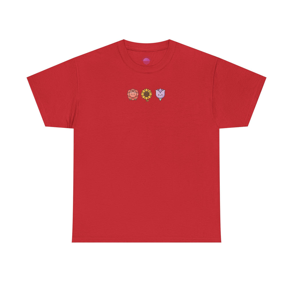 Flower Trio Tee — Cute Mini Floral Lion, Sunflower & Heart Plants Graphic T-Shirt